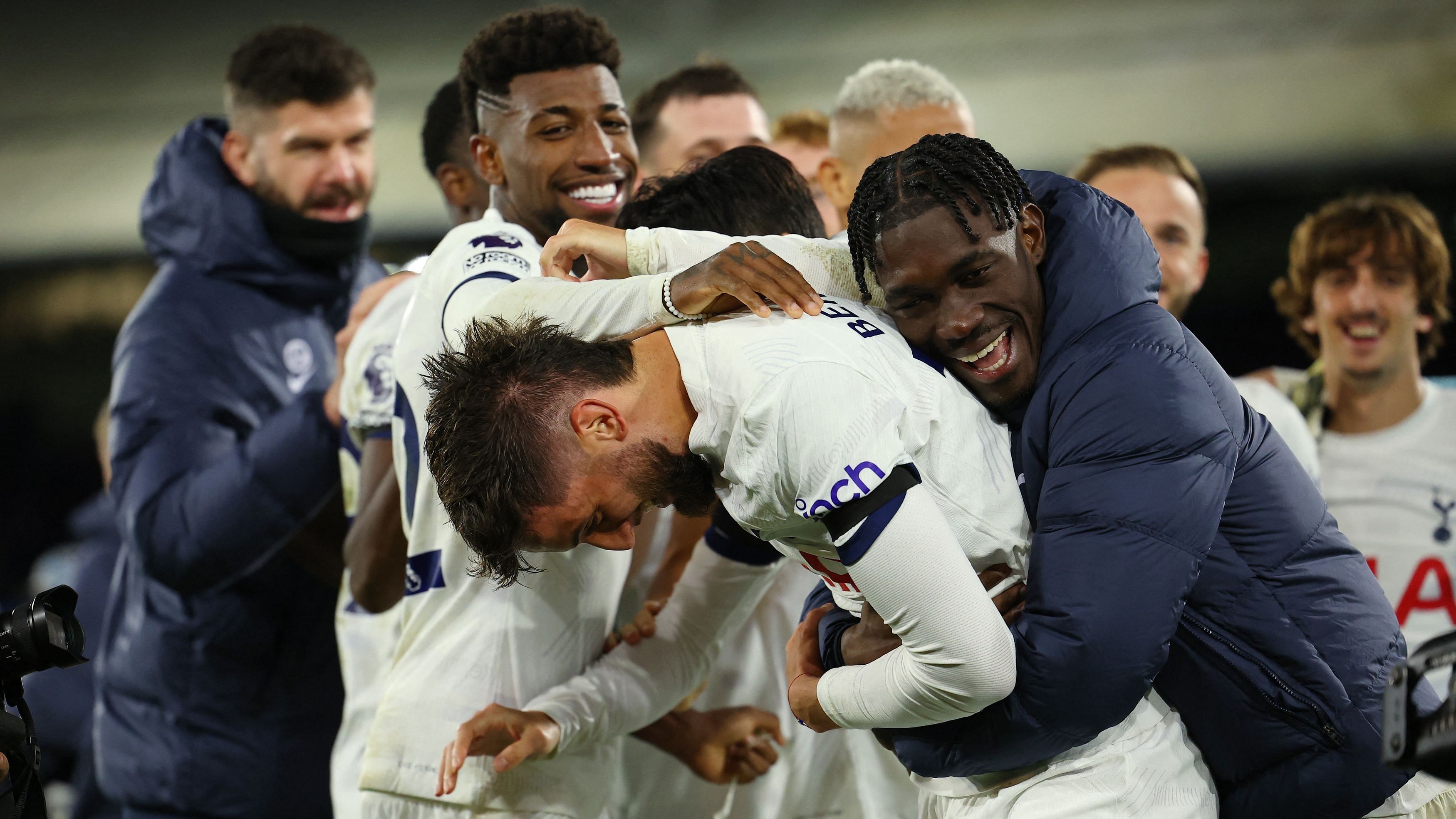 <div class="paragraphs"><p>Tottenham Hotspur's Rodrigo Bentancur, Yves Bissouma and Emerson Royal celebrate after the match.</p></div>