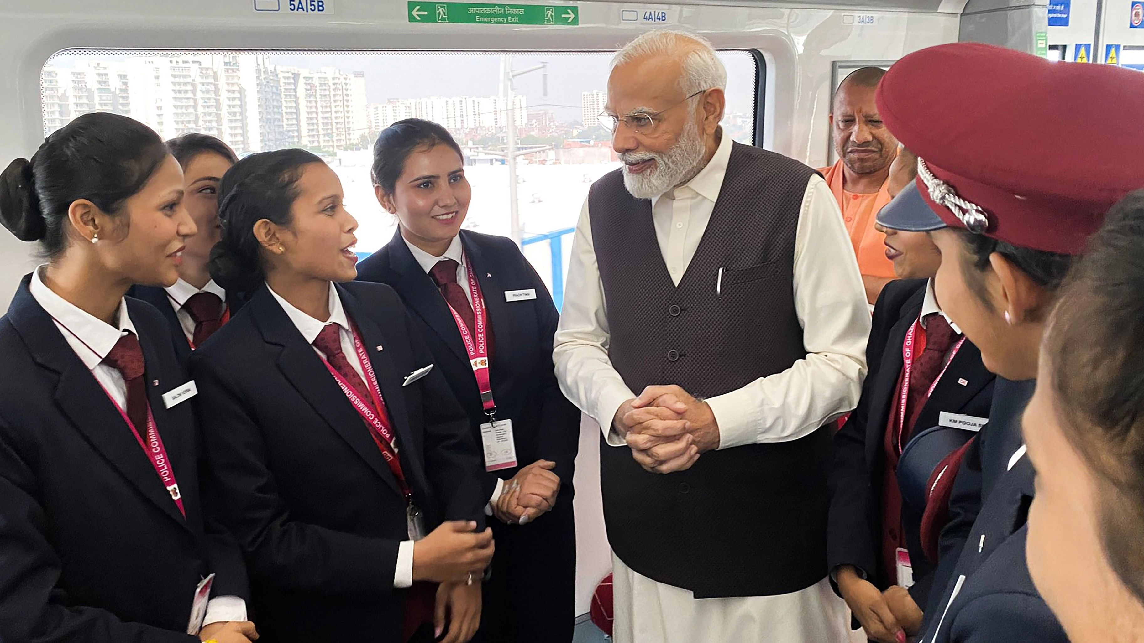 <div class="paragraphs"><p>Prime Minister Narendra Modi interacts with the crew of the Regional Rapid train 'Namo Bharat' connecting Sahibabad and Duhai Depot stations on the Delhi-Meerut.</p></div>