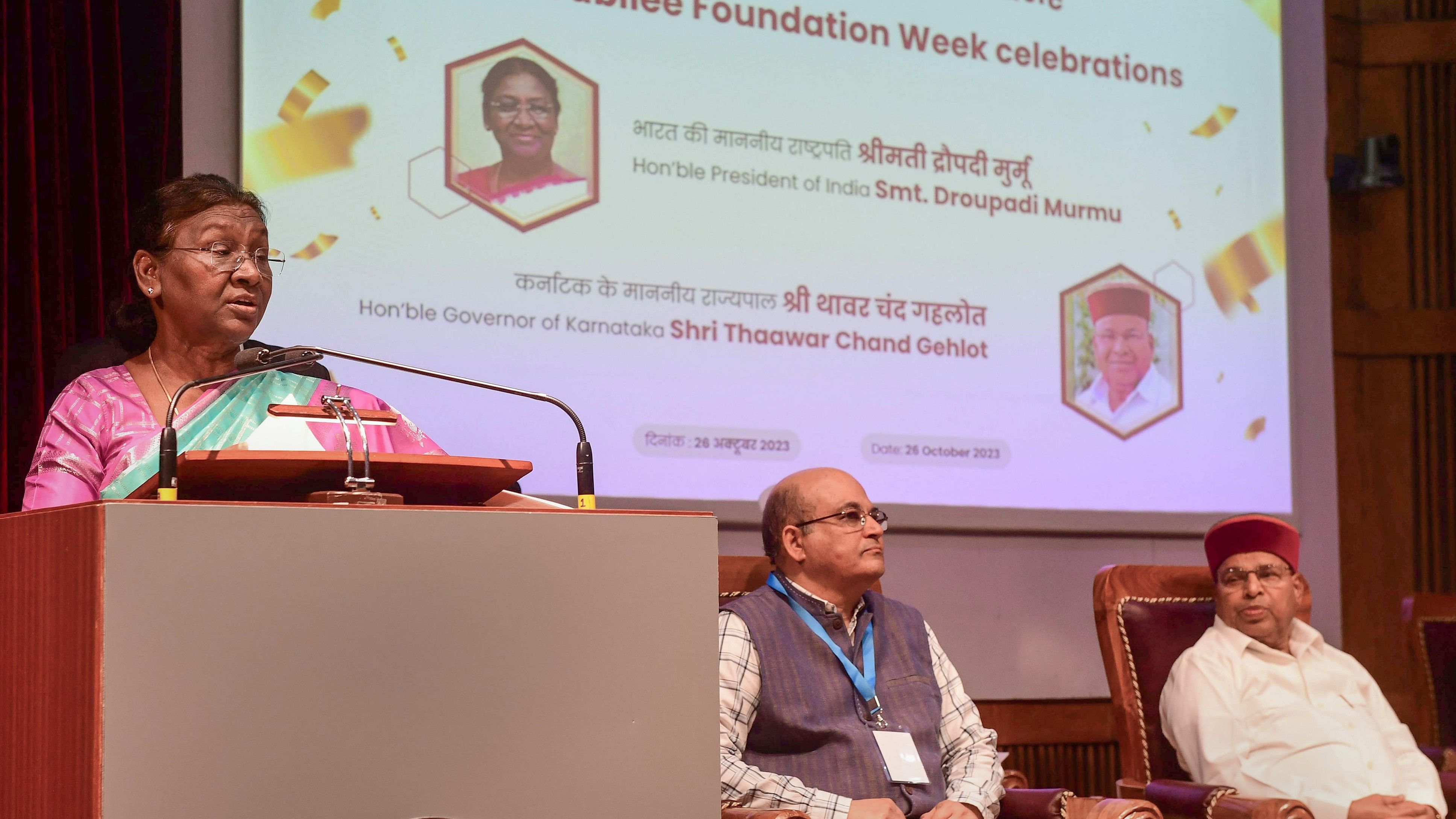 <div class="paragraphs"><p>President Droupadi Murmu speaks during the inauguration of the Golden Jubilee Foundation Week of the Indian Institute of Management in Bengaluru on Thursday. Governor Thaawar Chand Gehlot and the Institute Director Rishikesh Krishnan are seen.</p></div>