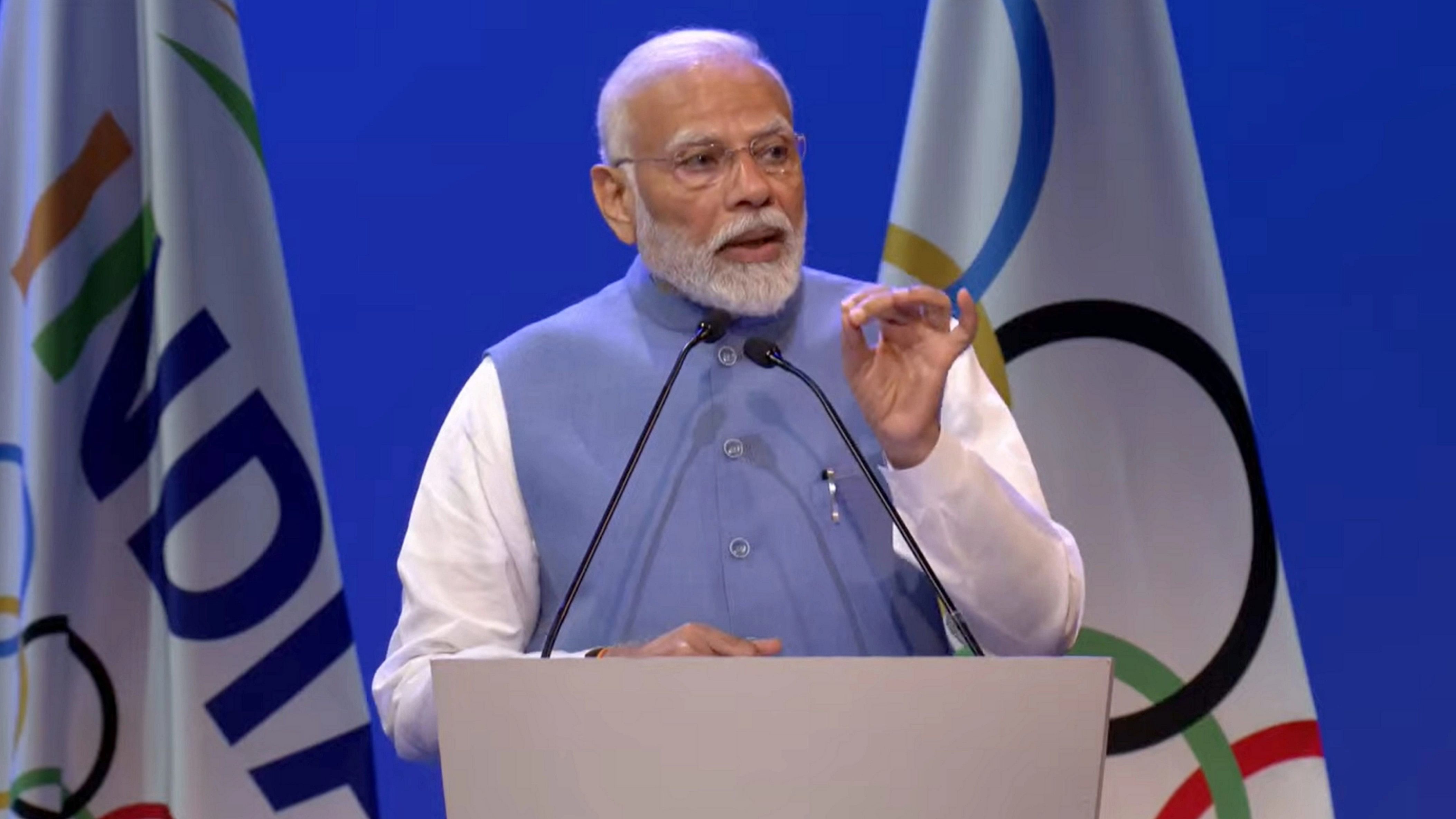 <div class="paragraphs"><p>Prime Minister Narendra Modi addresses at the Opening Ceremony of the 141st IOC Session, in Mumbai, Saturday, Oct. 14, 2023. </p></div>