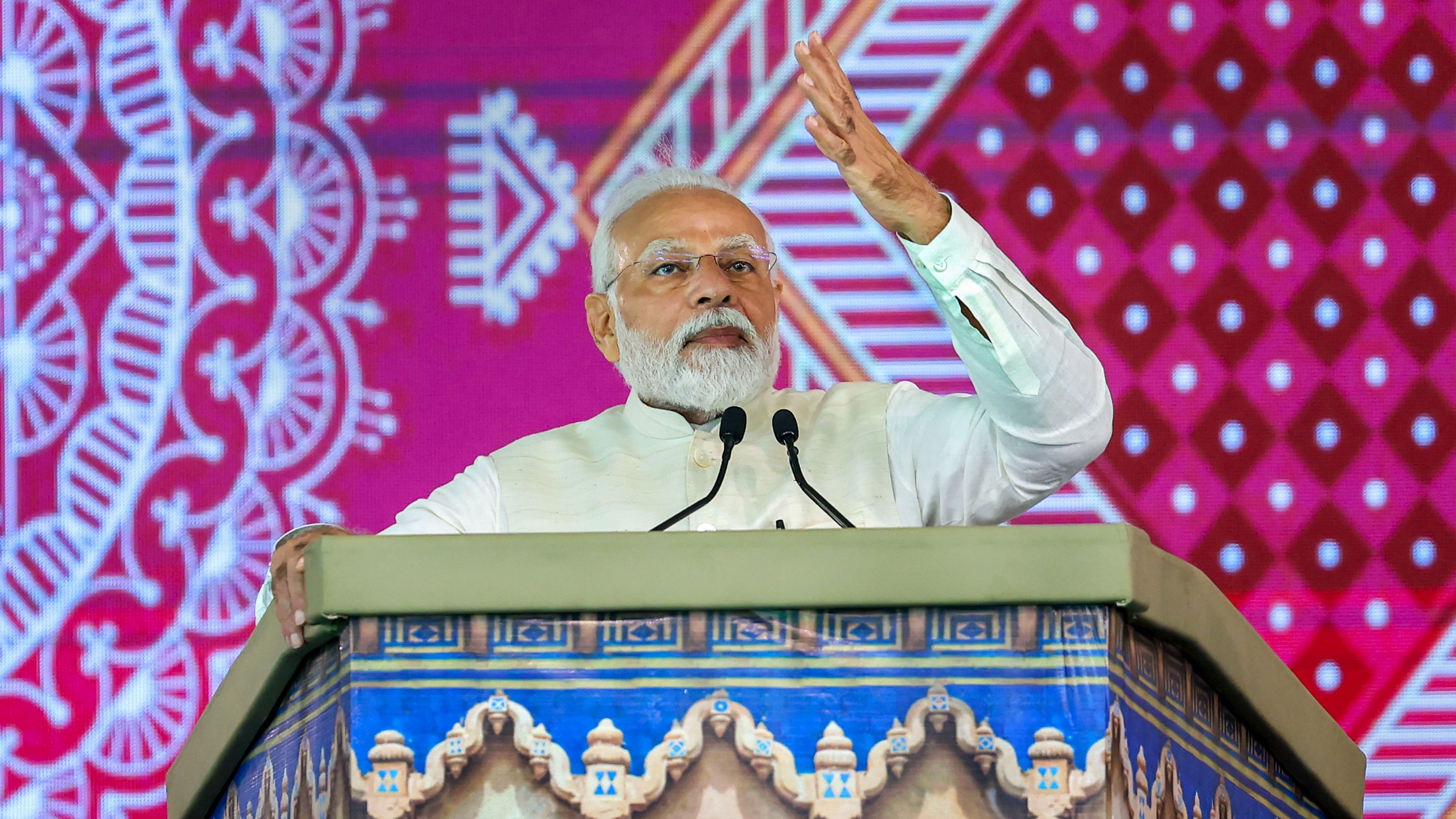 <div class="paragraphs"><p>Prime Minister Narendra Modi addresses during an event organised for laying of foundation stone of various developmental projects, in Gwalior, Monday, Oct. 2, 2023. </p></div>