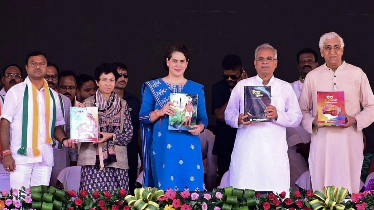 <div class="paragraphs"><p> Priyanka Gandhi with Chhattisgarh CM&nbsp;Bhupesh Baghel and PCC Chief Deepak Baij during the Panchayti Raj Mahasammelan, in Kanker.&nbsp;</p></div>