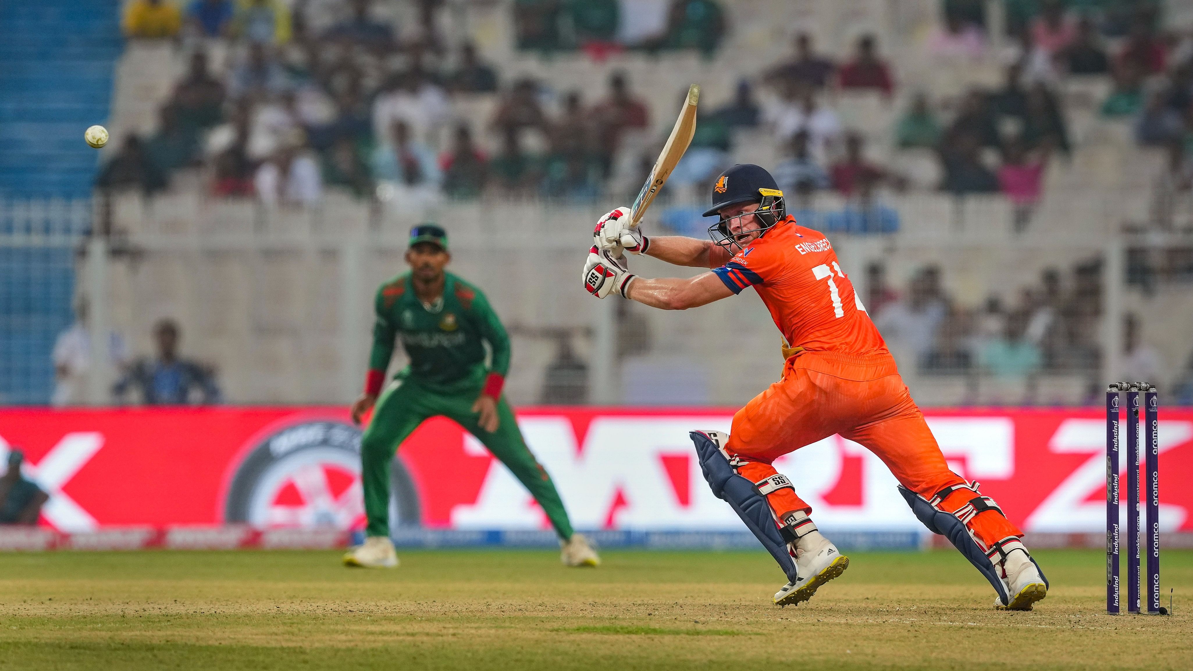 <div class="paragraphs"><p>Netherlands batter Sybrand Engelbrecht plays a shot during ICC Men's Cricket World Cup 2023 match between Bangladesh and Netherlands.</p></div>