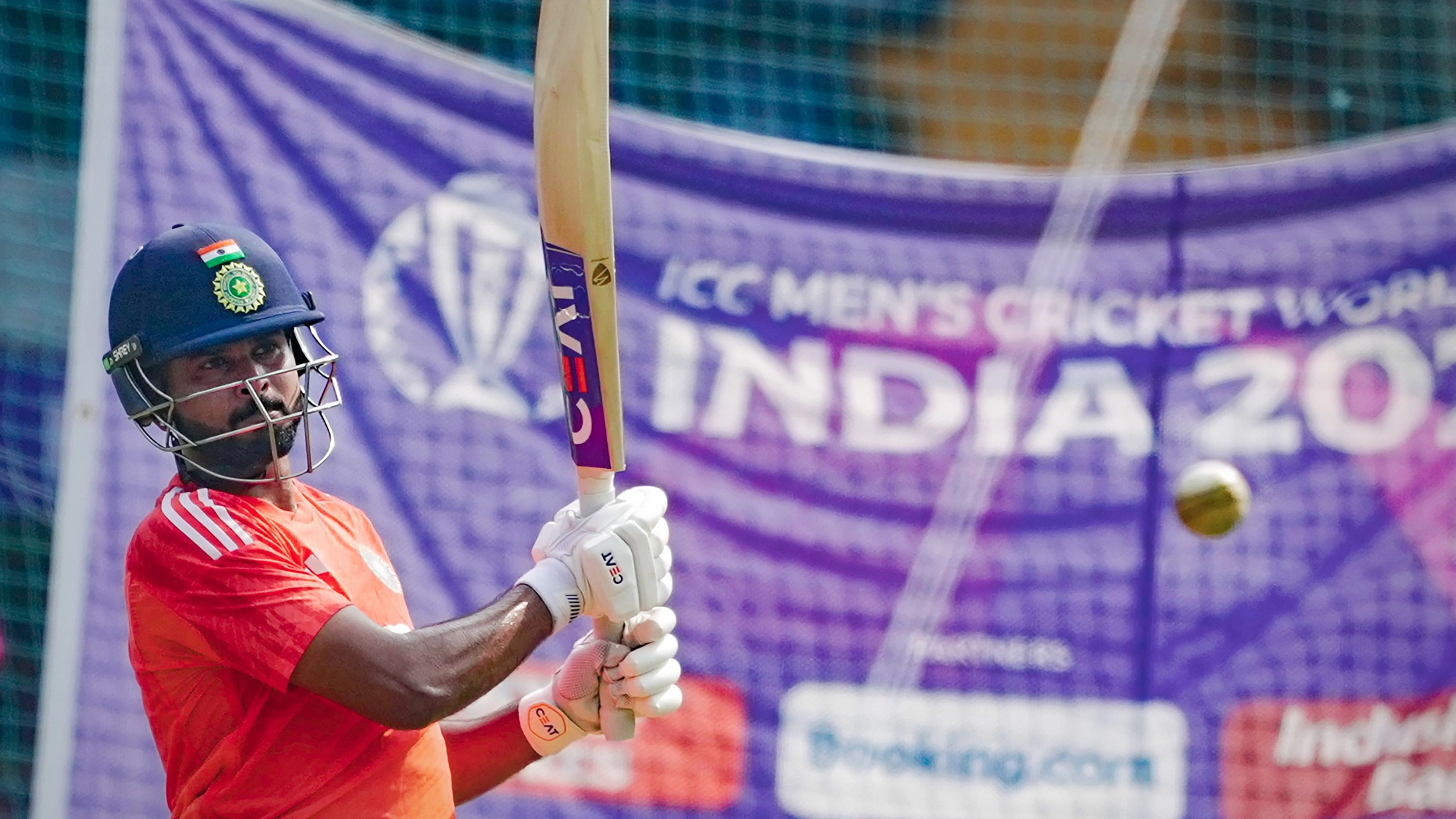 <div class="paragraphs"><p>India's Shreyas Iyer bats during a practice session ahead of the ICC Men's Cricket World Cup 2023 match against Sri Lanka, at the Wankhede Stadium</p></div>