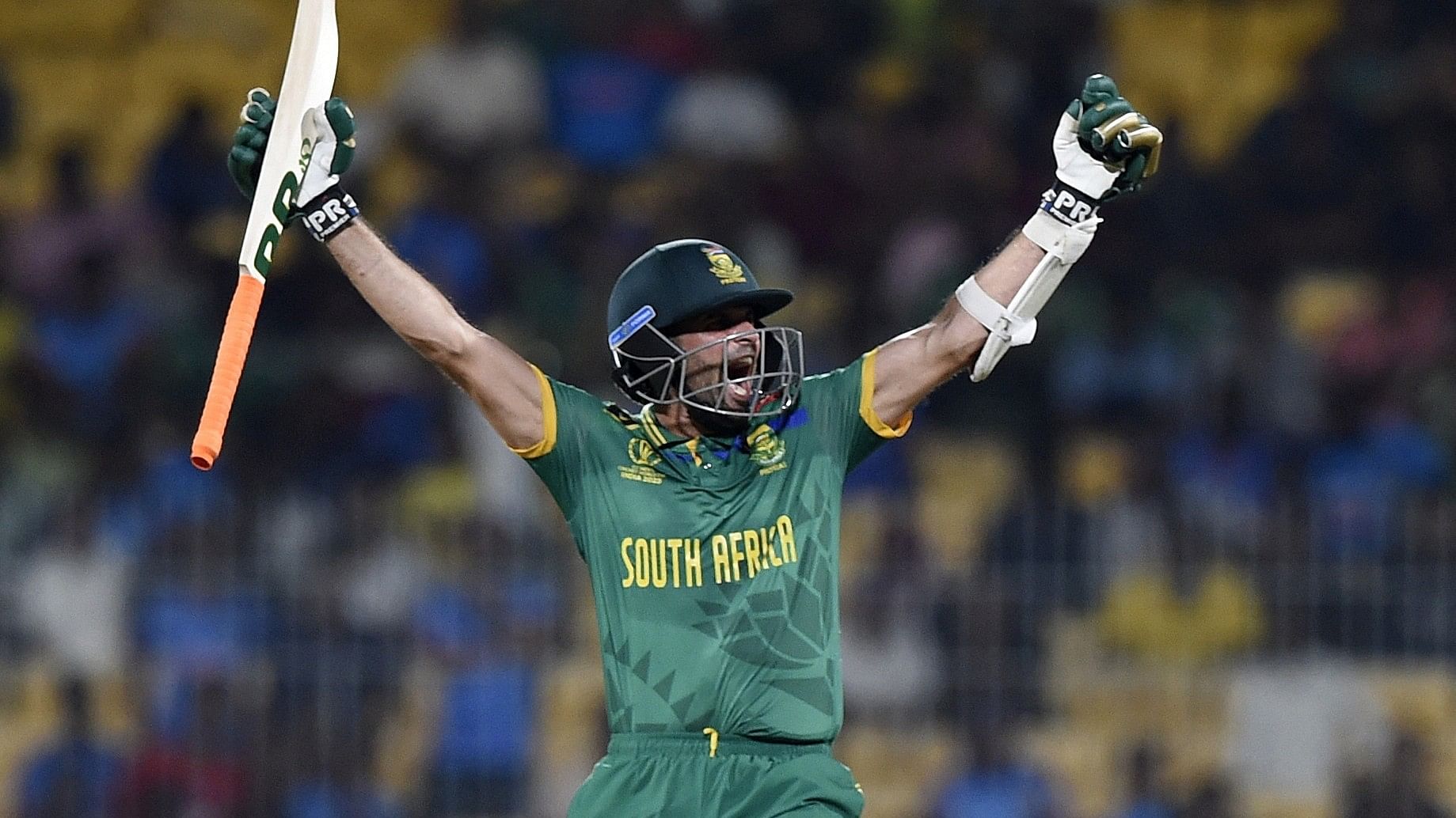 <div class="paragraphs"><p>South Africa's Keshav Maharaj celebrates after hitting the winning runs as South Africa beat Pakistan by 1 wicket at the&nbsp;M. A. Chidambaram Stadium, Chennai.</p></div>