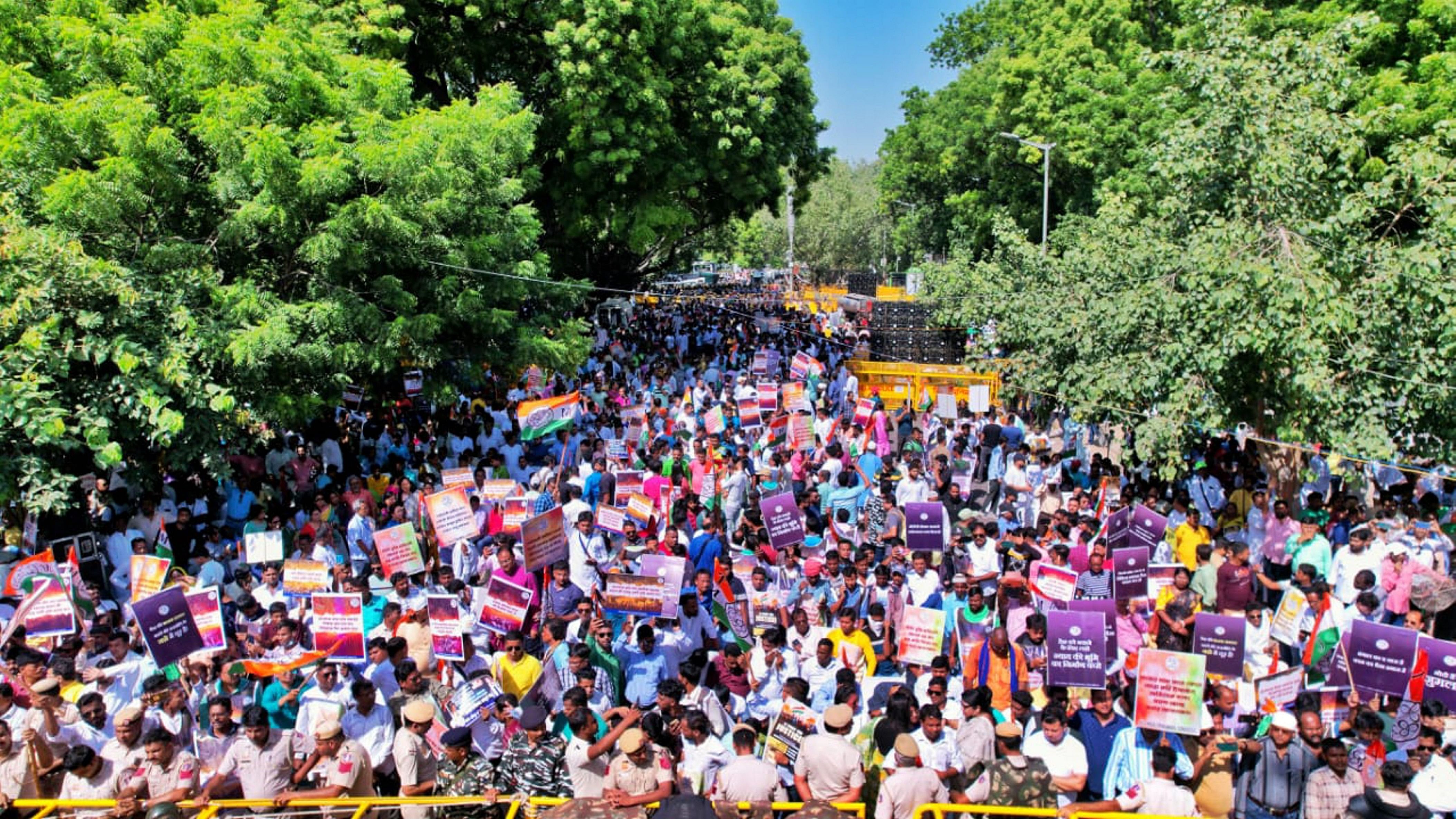 <div class="paragraphs"><p>TMC workers and supporters during a protest against the central government over the alleged denial of MGNREGA scheme funds to the West Bengal government, at Jantar Mantar in New Delhi, Tuesday, Oct. 3, 2023.</p></div>