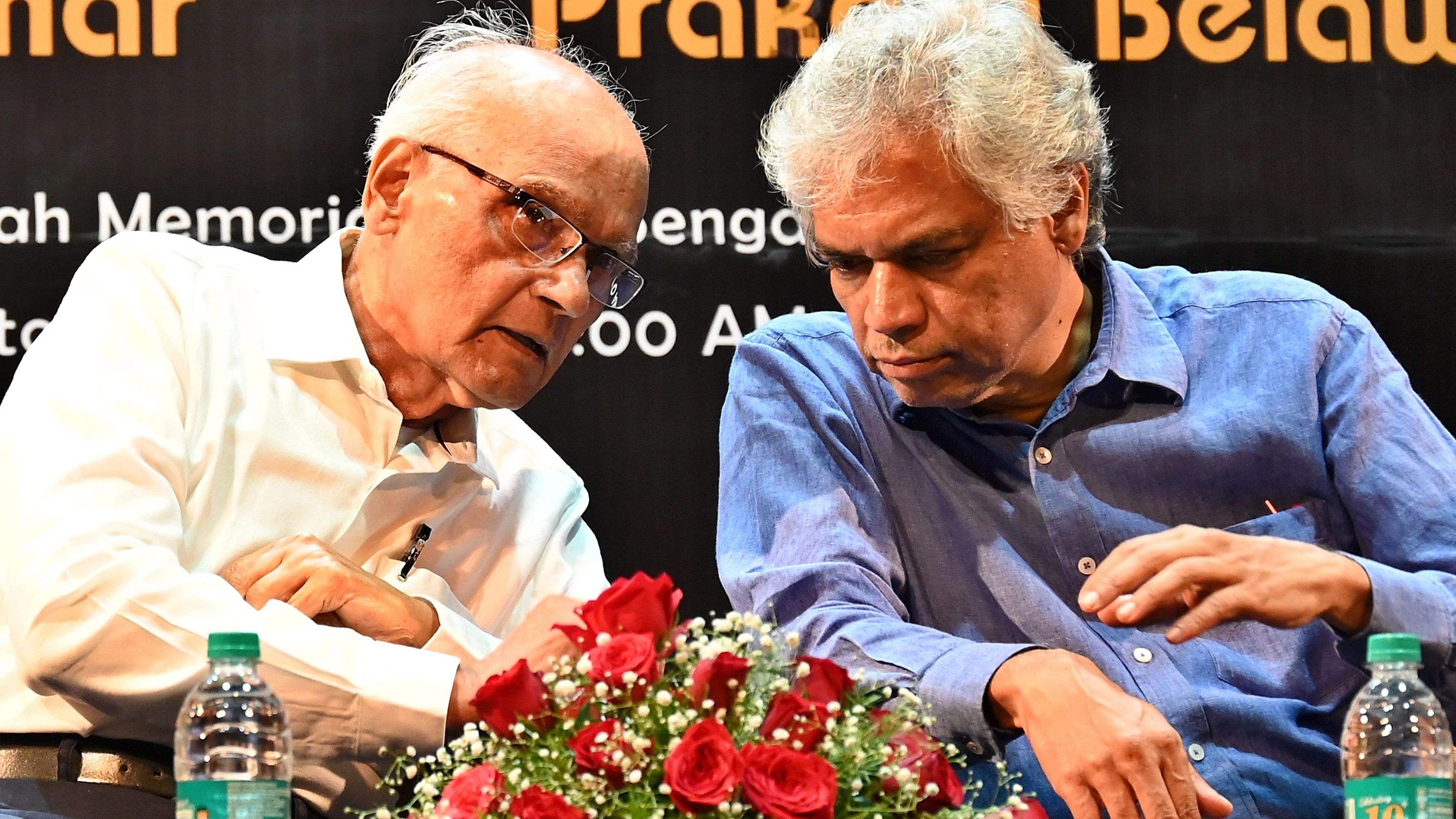 <div class="paragraphs"><p>Kannada writer S L Bhyrappa and playwright Prakash Belawadi interact during an event celebrating the former's work in Bengaluru on Sunday. </p></div>
