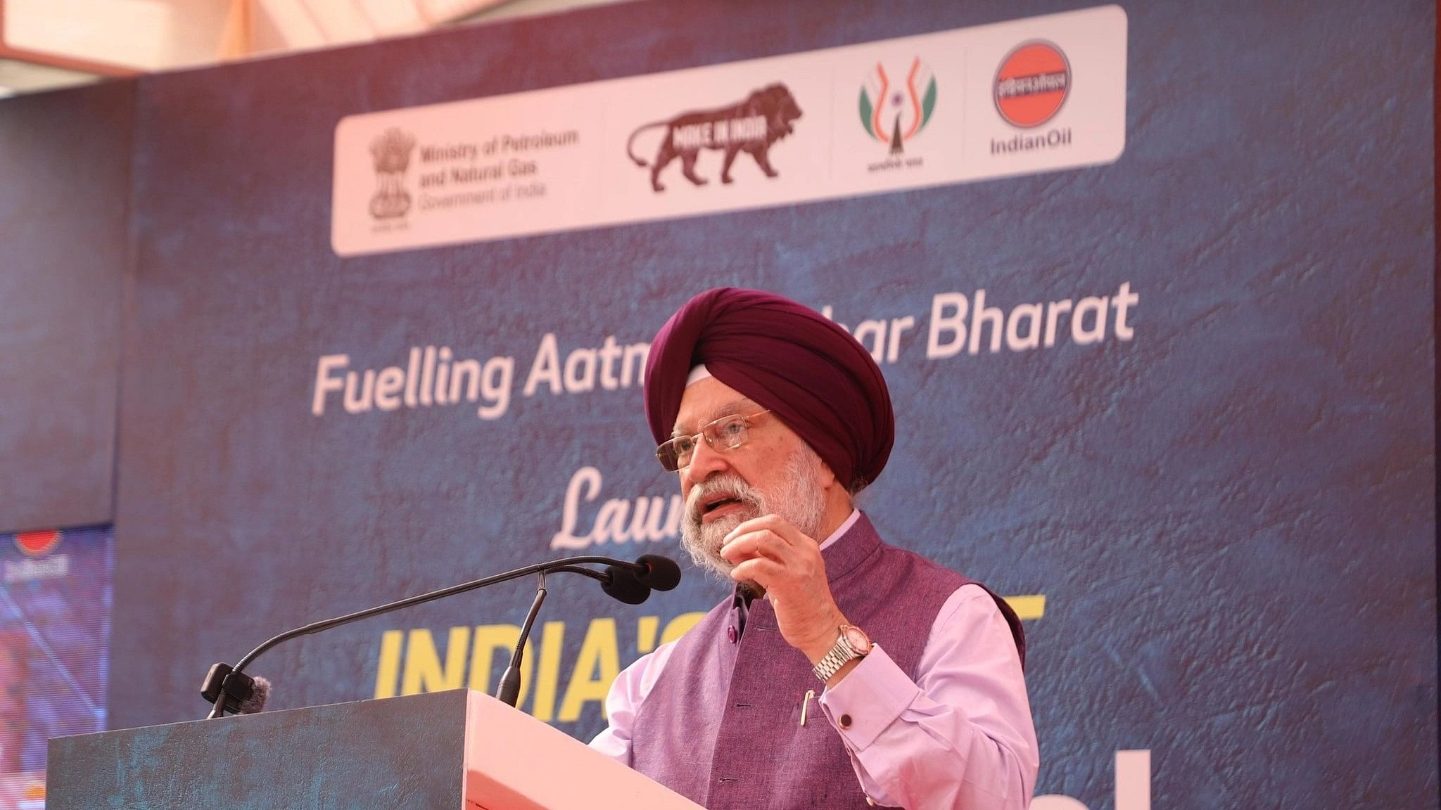 <div class="paragraphs"><p>Oil Minister Hardeep Singh Puri at the launch of the&nbsp;'reference' fuels, October 26, 2023.</p></div>