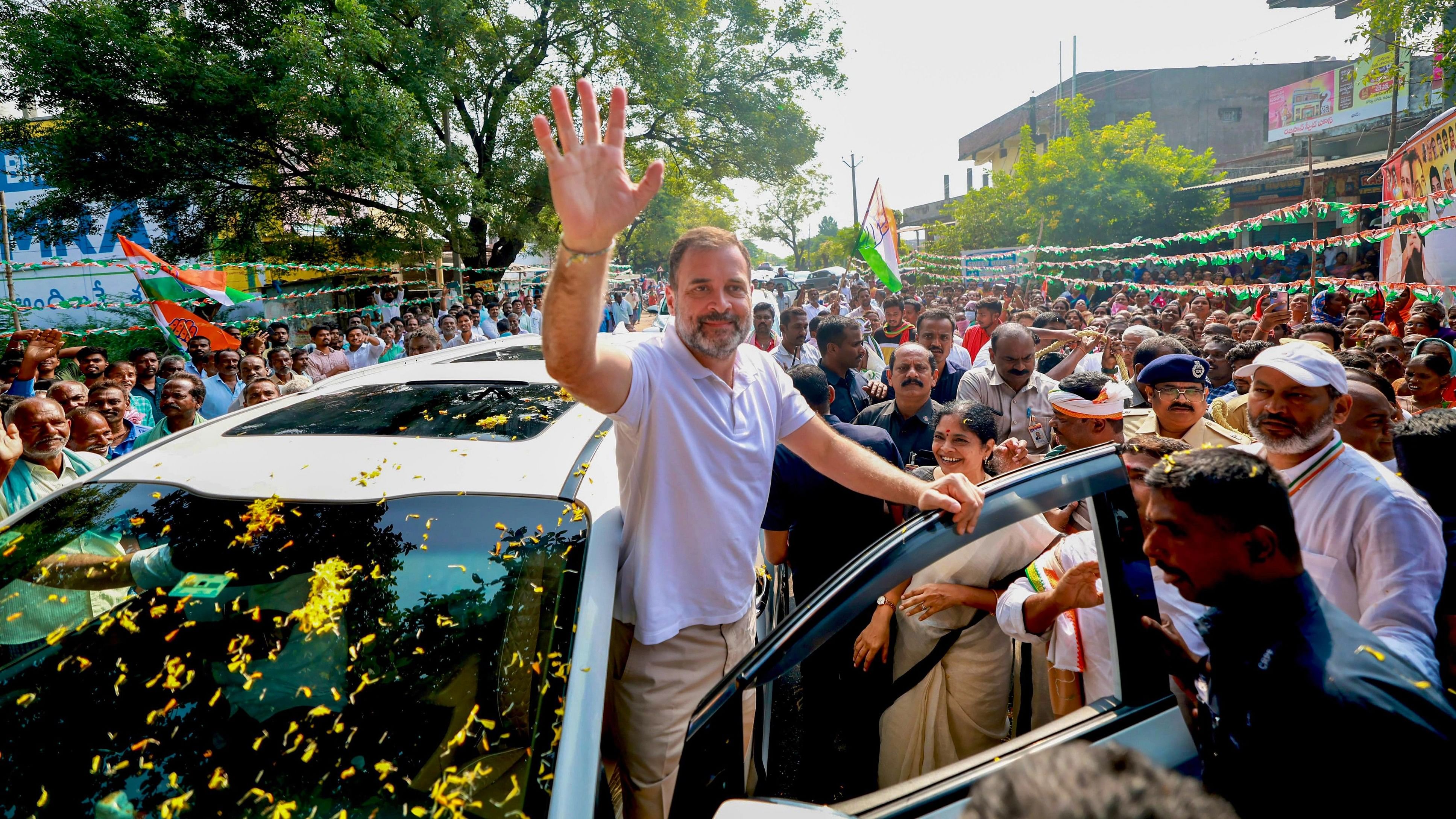 <div class="paragraphs"><p>Congress leader Rahul Gandhi waves at supporters during his visit to Telangana ahead of the State Assembly elections, in Jagtial district, Friday, Oct. 20, 2023. </p></div>