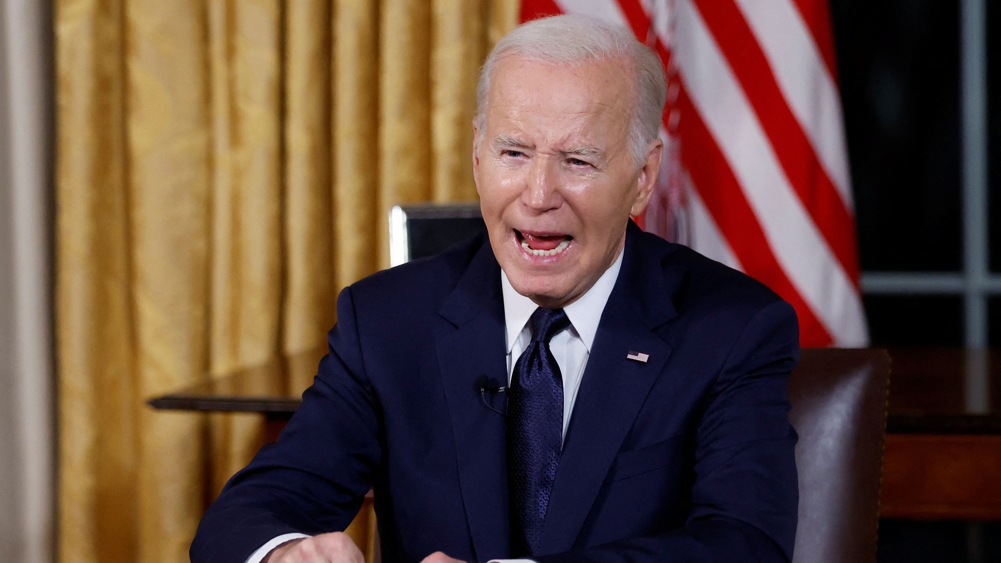 <div class="paragraphs"><p>US President Joe Biden delivers a prime-time address to the nation about his approaches to the conflict between Israel and Hamas, humanitarian assistance in Gaza and continued support for Ukraine in their war with Russia, from the Oval Office of the White House in Washington, US, October 19, 2023.</p></div>