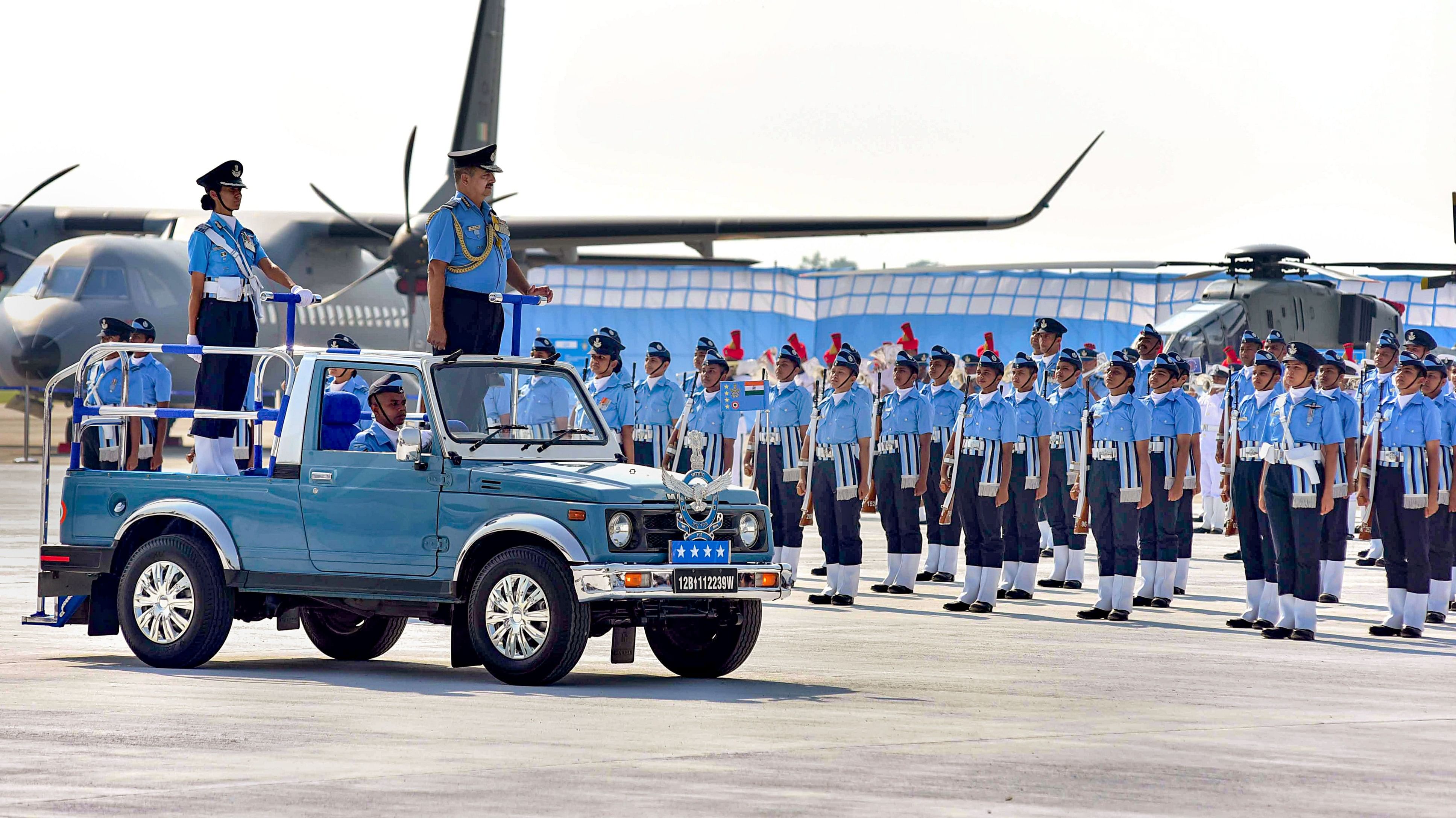 <div class="paragraphs"><p>Chief of the Air Staff (CAS) Air Chief Marshal VR Chaudhari inspects the Guard of Honour on the 91st Air Force Day, at Bamrauli headquarters of Central Air Command, in Prayagraj.</p></div>