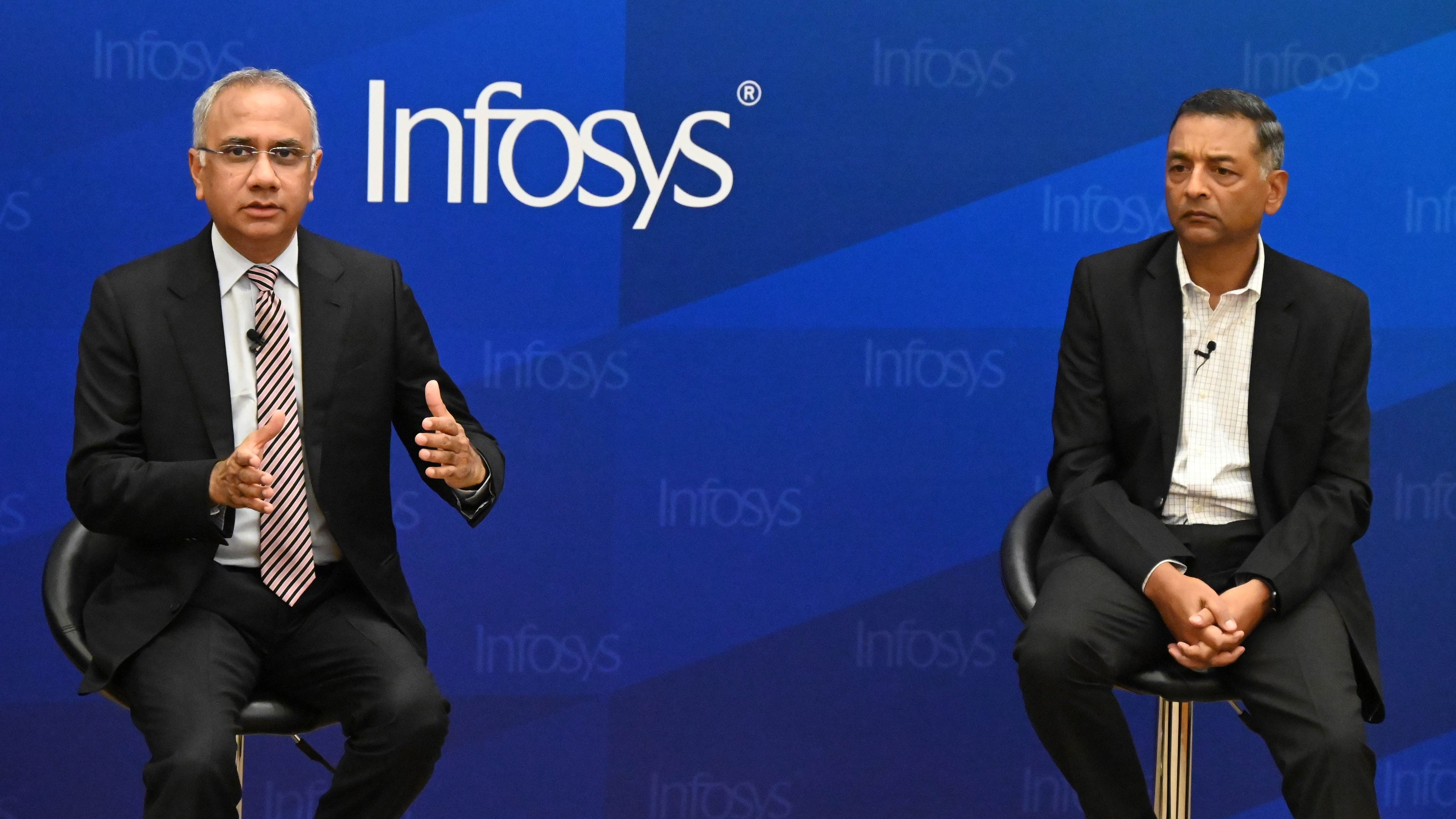 <div class="paragraphs"><p>Salil Parekh, CEO &amp; MD,&nbsp;and Nilanjan Roy, CFO during the press&nbsp;conference to announce the Infosys company's FY 24, Q2 results at Infosys in Bengaluru on Thursday.&nbsp;</p></div>