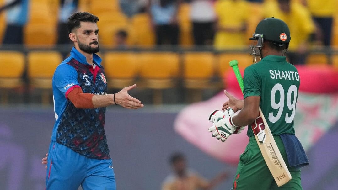 <div class="paragraphs"><p>Bangladesh's batter Najmul Hossain Shanto after winning the match against Afghanistan during the ICC Men's World Cup 2023, at HPCA Stadium, in Dharamshala, Saturday, Oct. 7, 2023.</p></div>