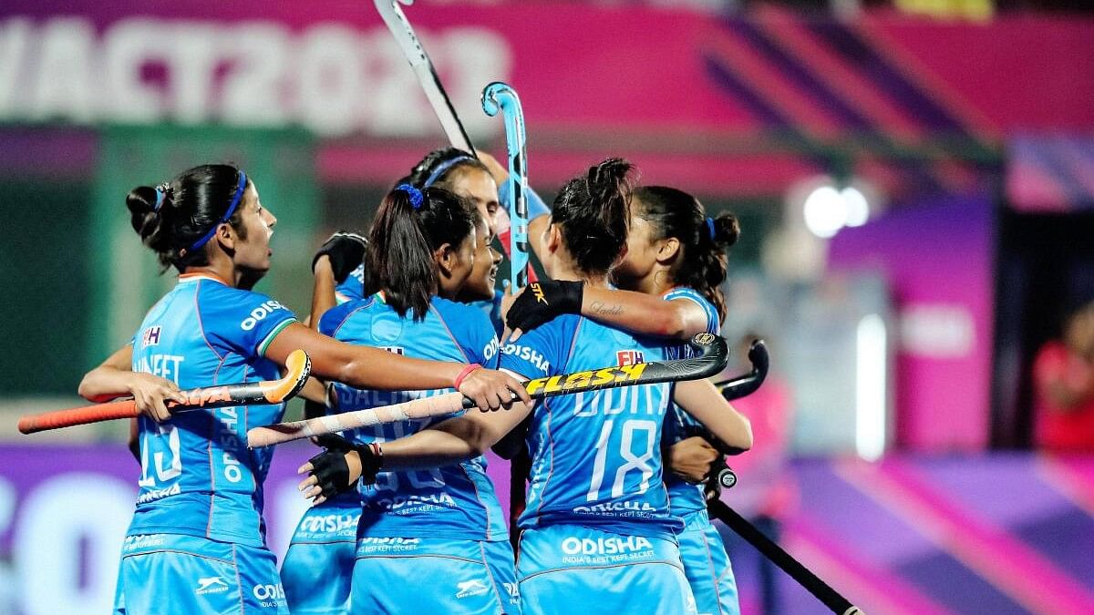 <div class="paragraphs"><p>Indian players celebrate after winning their Women's Asian Champions Trophy 2023 match against Japan, at Marang Gomke Jaipal Singh Astro Turf Hockey Stadium in Ranchi.</p></div>