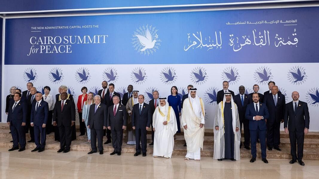 <div class="paragraphs"><p>Sheikh Mohamed bin Zayed Al Nahyan, President of the United Arab Emirates stands for a photograph, during the Cairo Summit for Peace, with Charles Michel, President of the European Council, Nikos Christodoulides, President of Cyprus, Sheikh Tamim bin Hamad Al Thani, Emir of Qatar, King Hamad bin Isa Al Khalifa, King of Bahrain, Abdel Fattah El Sisi, President of Egypt , King Abdullah II, King of Jordan, Mahmoud Abbas, President of Palestine, Cyril Ramaphosa, President of South Africa, Mohamed Ould Ghazouani, President of Mauritania, Mohamed Al Menfi, Chairman of the Presidential Council of the State of Libya at the St. Regis, in Cairo, Egypt.</p></div>