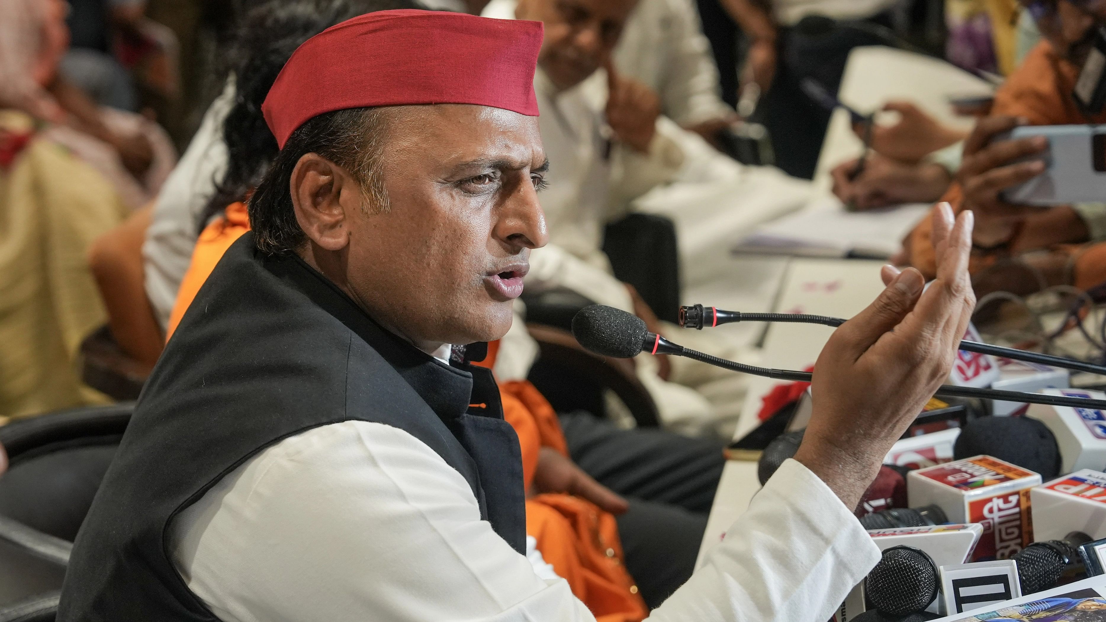 <div class="paragraphs"><p>Samajwadi Party President Akhilesh Yadav addresses the media at the party office, in Lucknow, Friday, Oct. 13, 2023. </p></div>