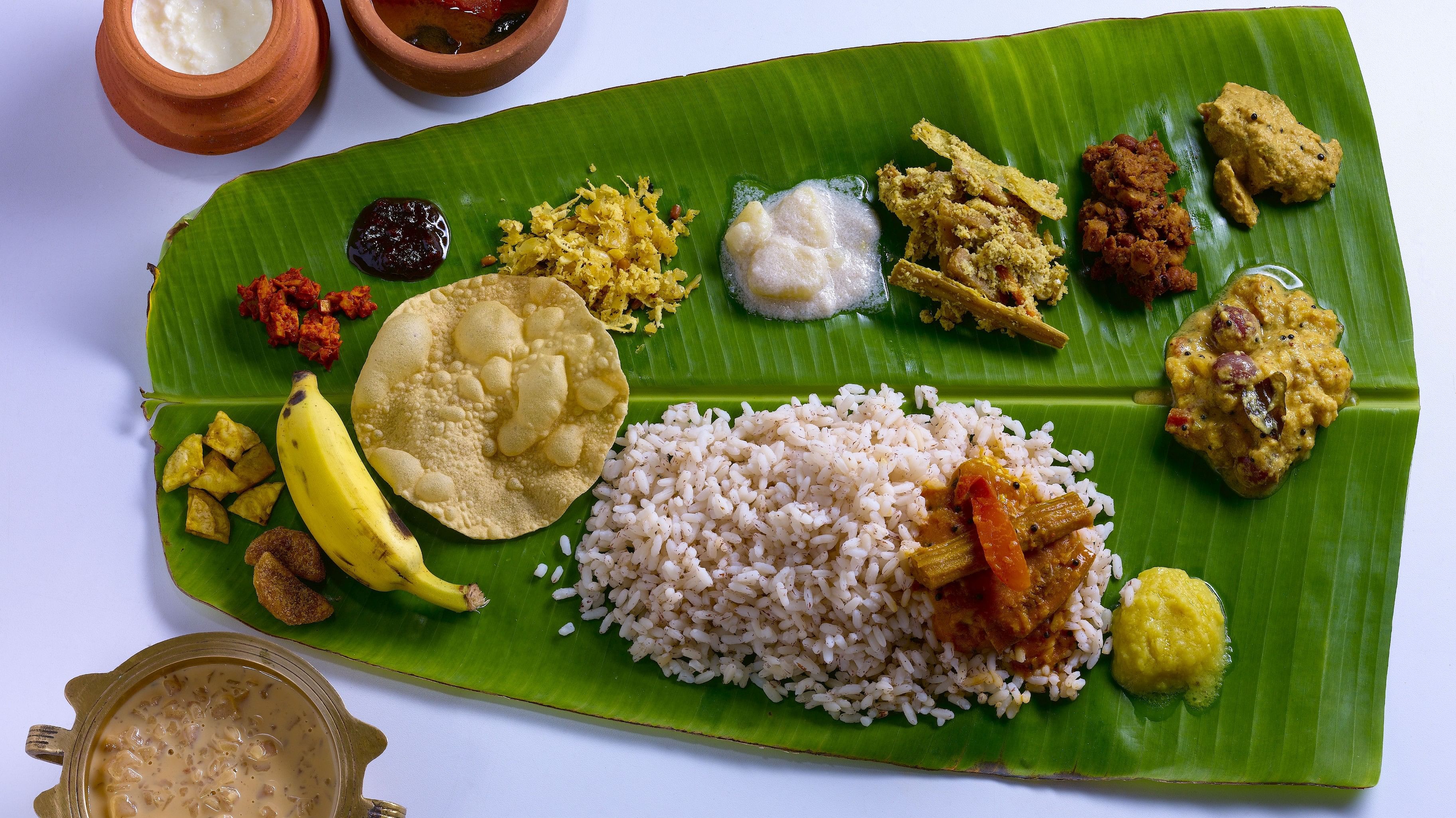 Traditional Onam sadya served in banana leaf