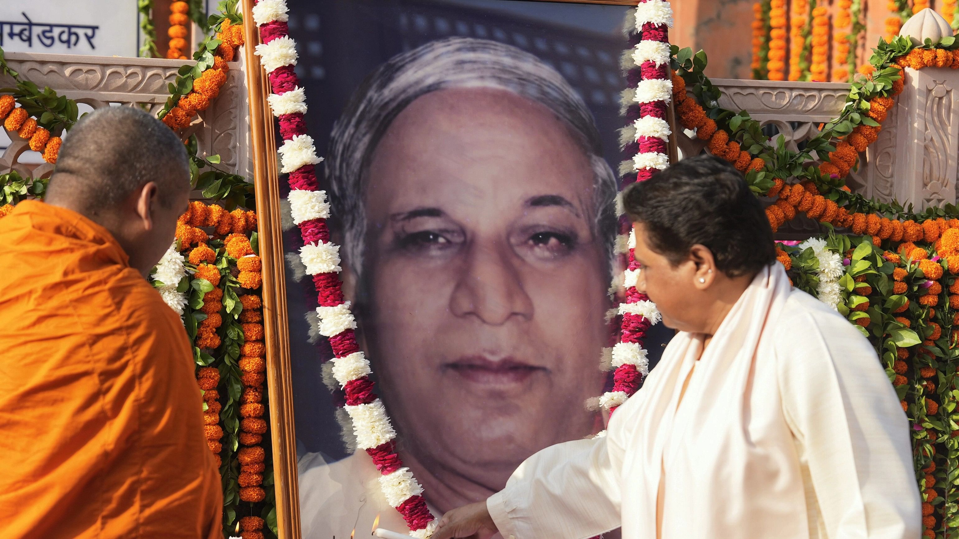 <div class="paragraphs"><p>BSP supremo Mayawati pays tribute to party founder Kanshi Ram on his death anniversary, in Lucknow.</p></div>