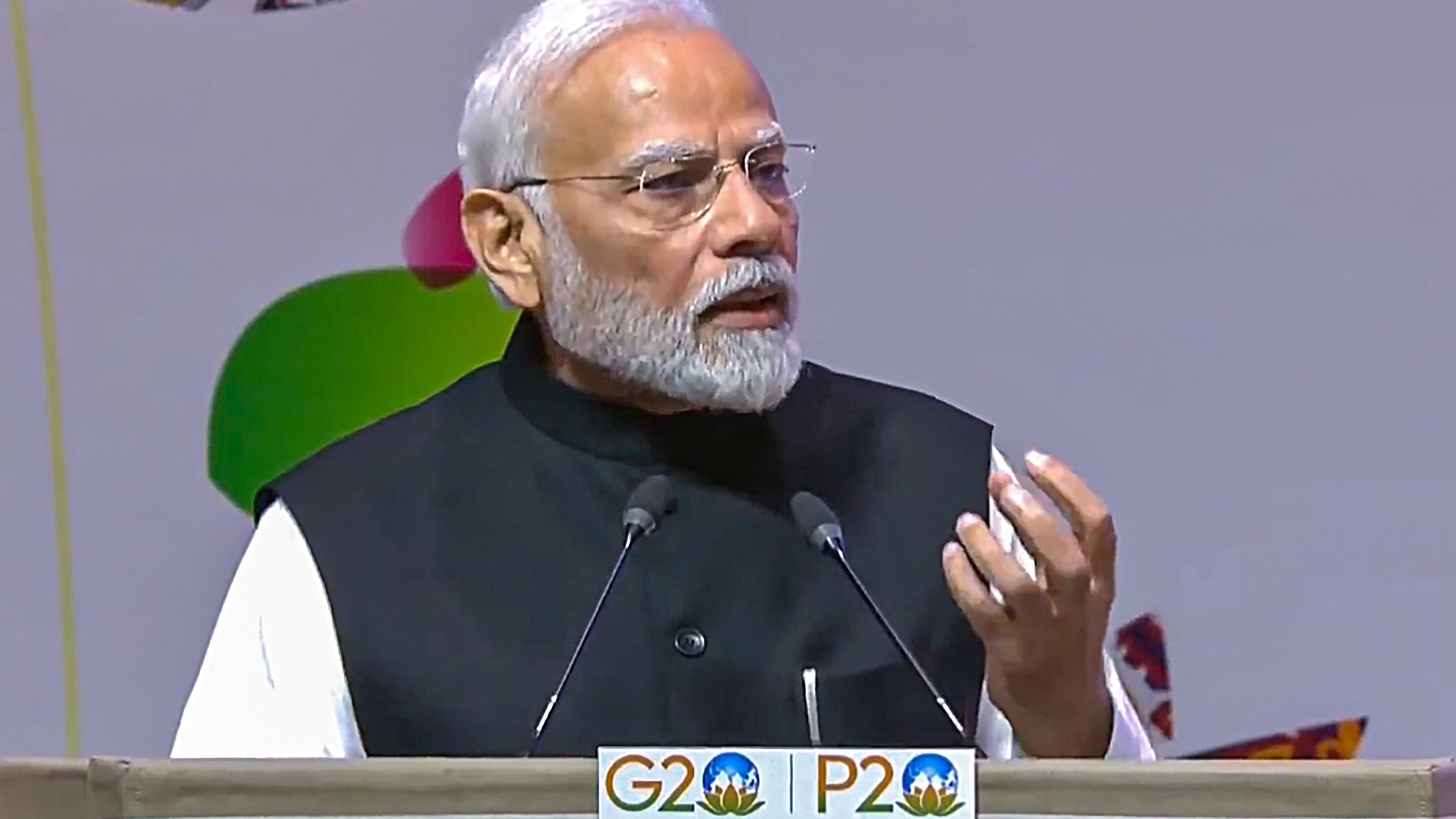 <div class="paragraphs"><p>Prime Minister Narendra Modi addresses during the inauguration of the 9th G20 Parliamentary Speakers' Summit (P20), at Yashobhoomi Convention Centre in New Delhi.</p></div>