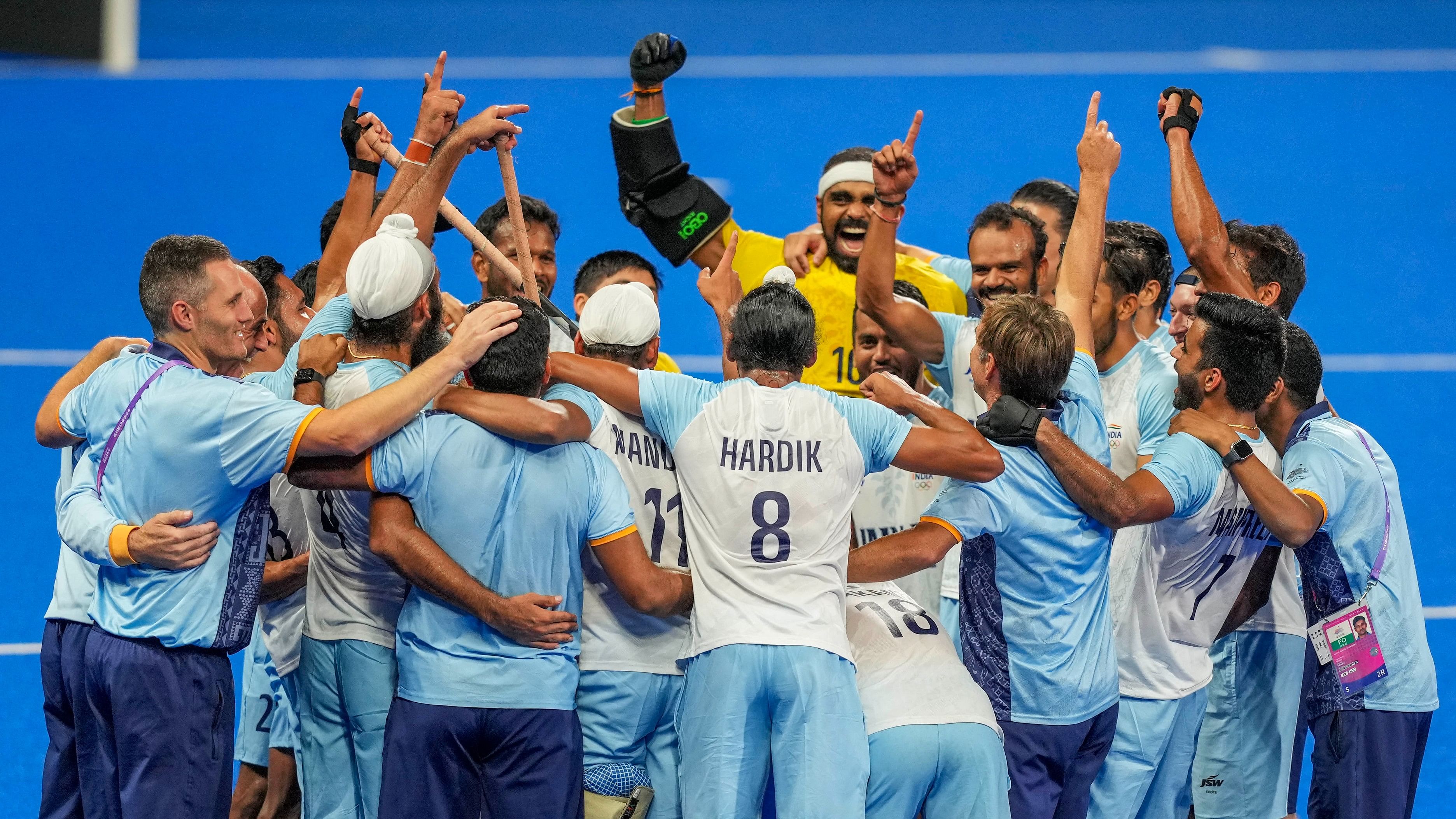 <div class="paragraphs"><p> Indian players celebrate after winning the men's hockey final match against Japan at the 19th Asian Games, in Hangzhou, China, Friday, Oct. 6, 2023. </p></div>