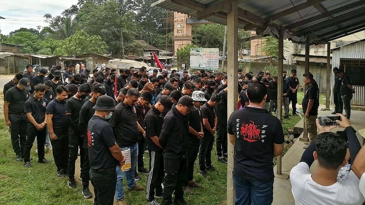 <div class="paragraphs"><p>Members of Arambai Tenggol, a Meitei organisation, during a demonstration against the alleged brutality by security forces in violence-hit Manipur, in Jiribam district.&nbsp;</p></div>