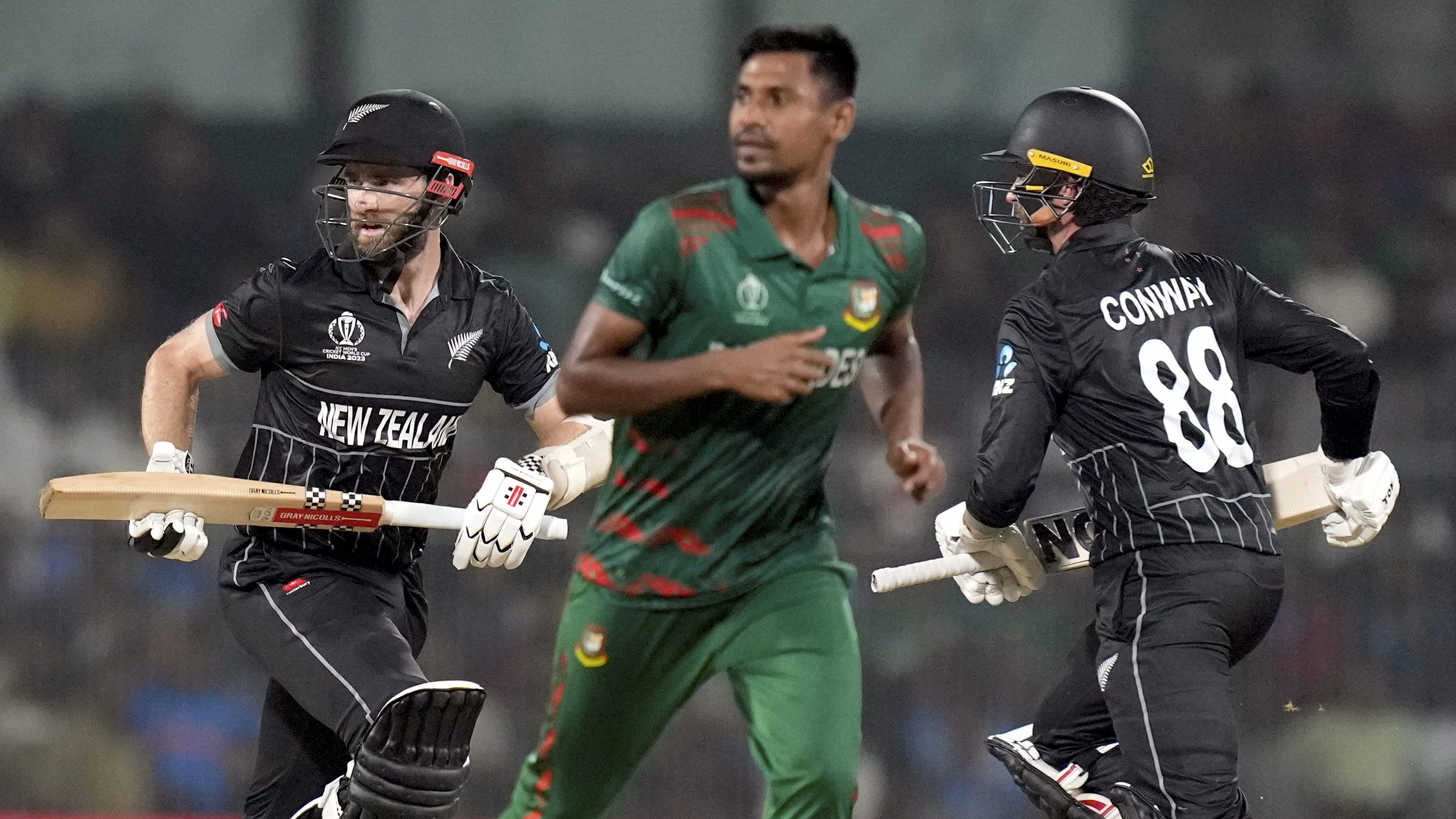 <div class="paragraphs"><p>Chennai: New Zealand' captain Kane Williamson and Devon Conway take runs during the ICC Men's Cricket World Cup 2023 match between New Zealand and Bangladesh, at M.A. Chidambaram Stadium, in Chennai, Friday, Oct. 13, 2023. (</p></div>
