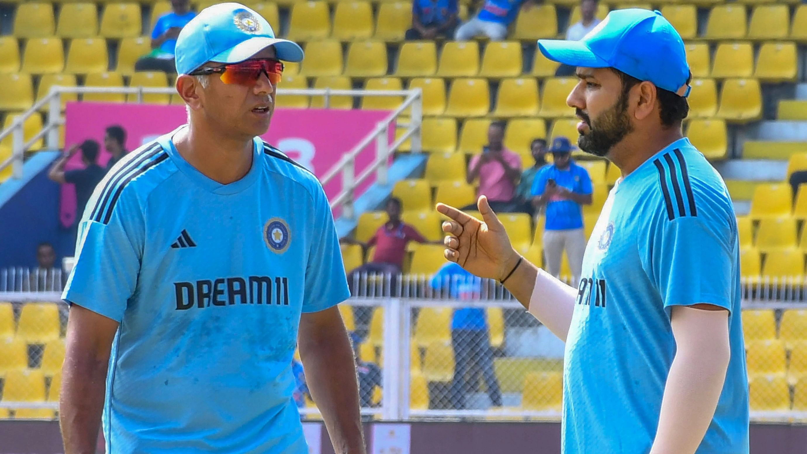 <div class="paragraphs"><p>India's cricket team captain Rohit Sharma and head coach Rahul Dravid ahead of the ICC Men's Cricket World Cup 2023 warm-up match between India and England, at Assam Cricket Association Stadium in Guwahati, Saturday, Sept. 30, 2023.</p></div>