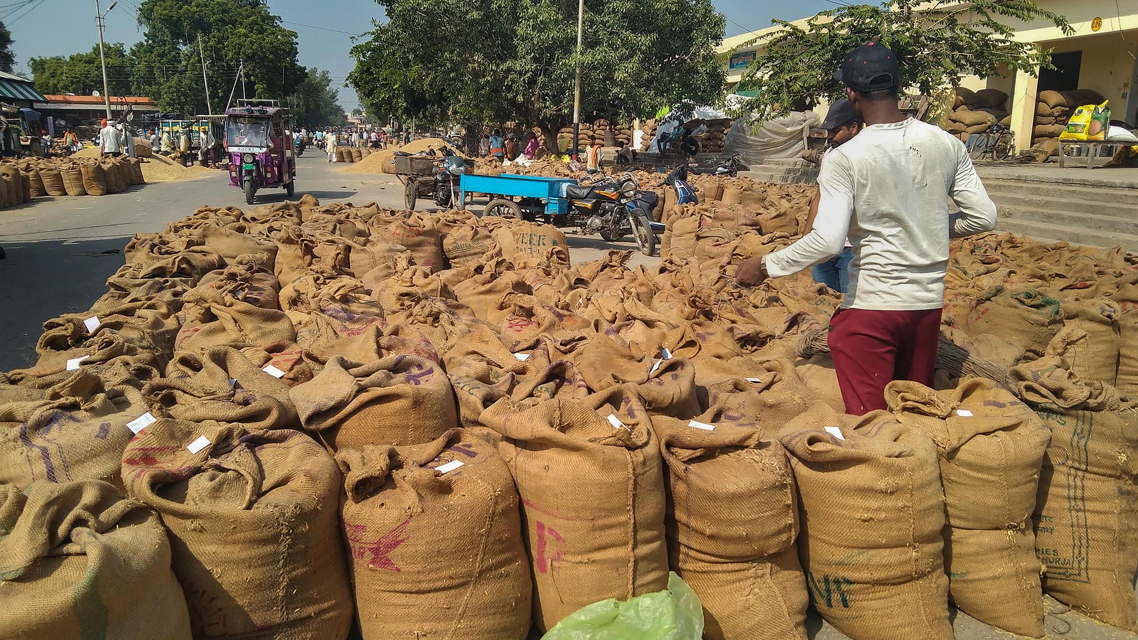 <div class="paragraphs"><p>Sacks of rice at an agricultural market in Mathura.&nbsp;</p></div>