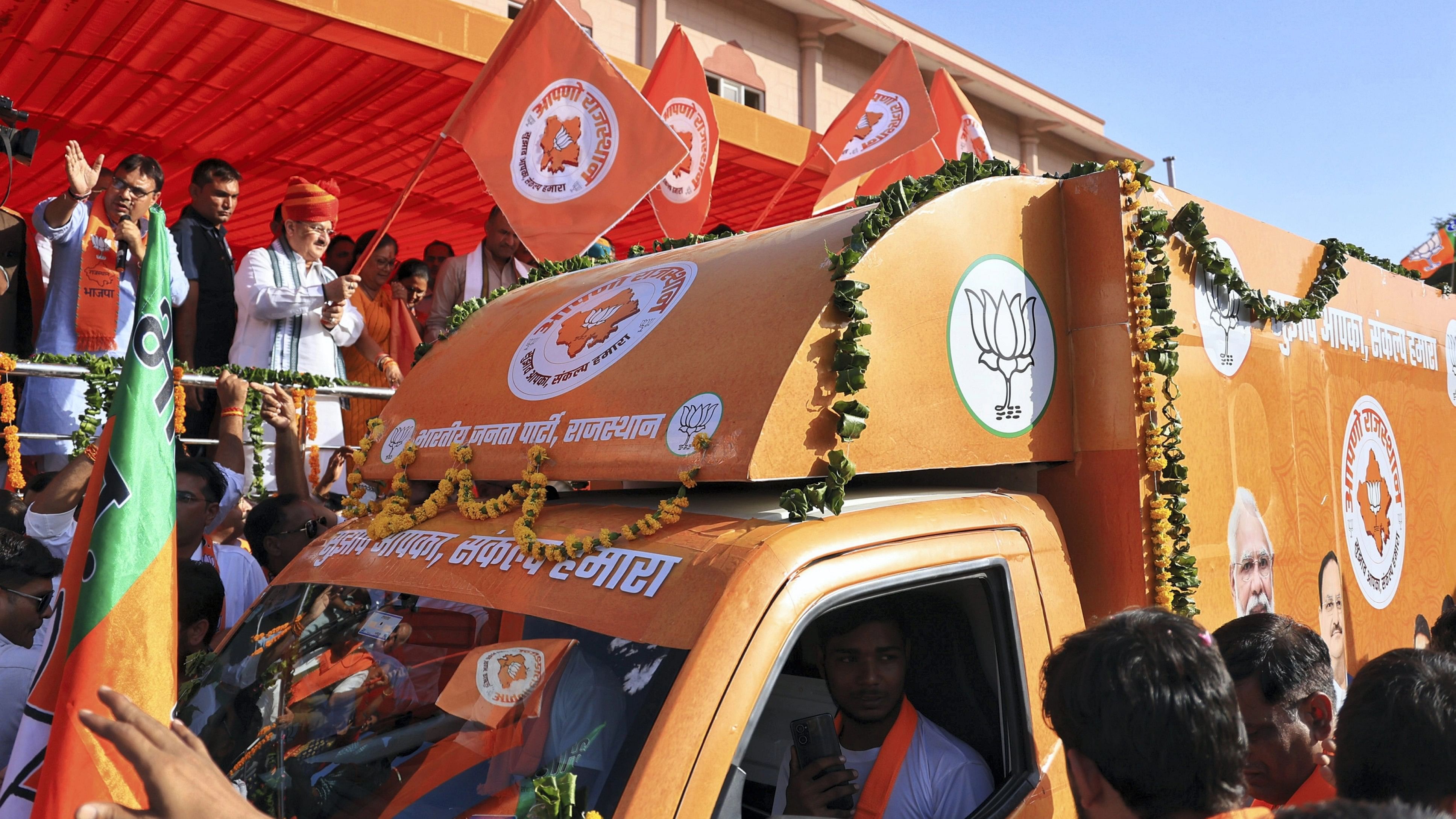 <div class="paragraphs"><p>BJP's JP Nadda during the launch of party's 'Apno Rajasthan - Sujhav Aapka Sankalp Hamara' campaign ahead the assembly elections, at Birla Auditorium in Jaipur.&nbsp;</p></div>