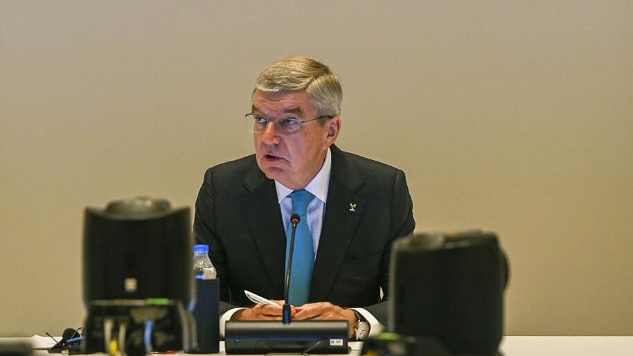 <div class="paragraphs"><p>International Olympic Committee (IOC) president Thomas Bach speaks on the first day of the executive board meeting of the IOC, in Mumbai, Thursday, Oct. 12, 2023.</p></div>