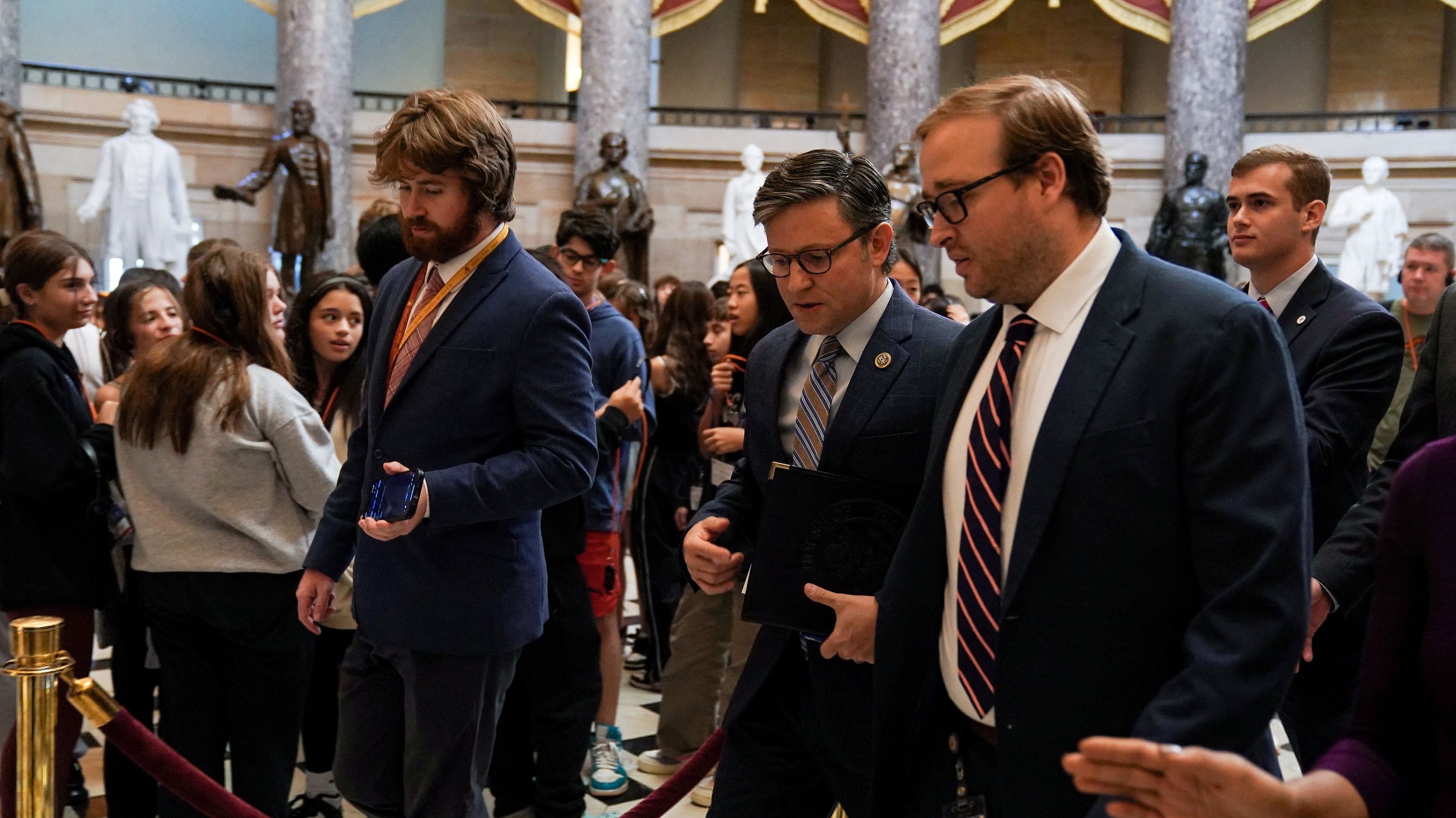 <div class="paragraphs"><p>Newly-elected US House Speaker Mike Johnson  walks from his office to the House floor at the U.S. Capitol in Washington, US, October 26, 2023.</p></div>