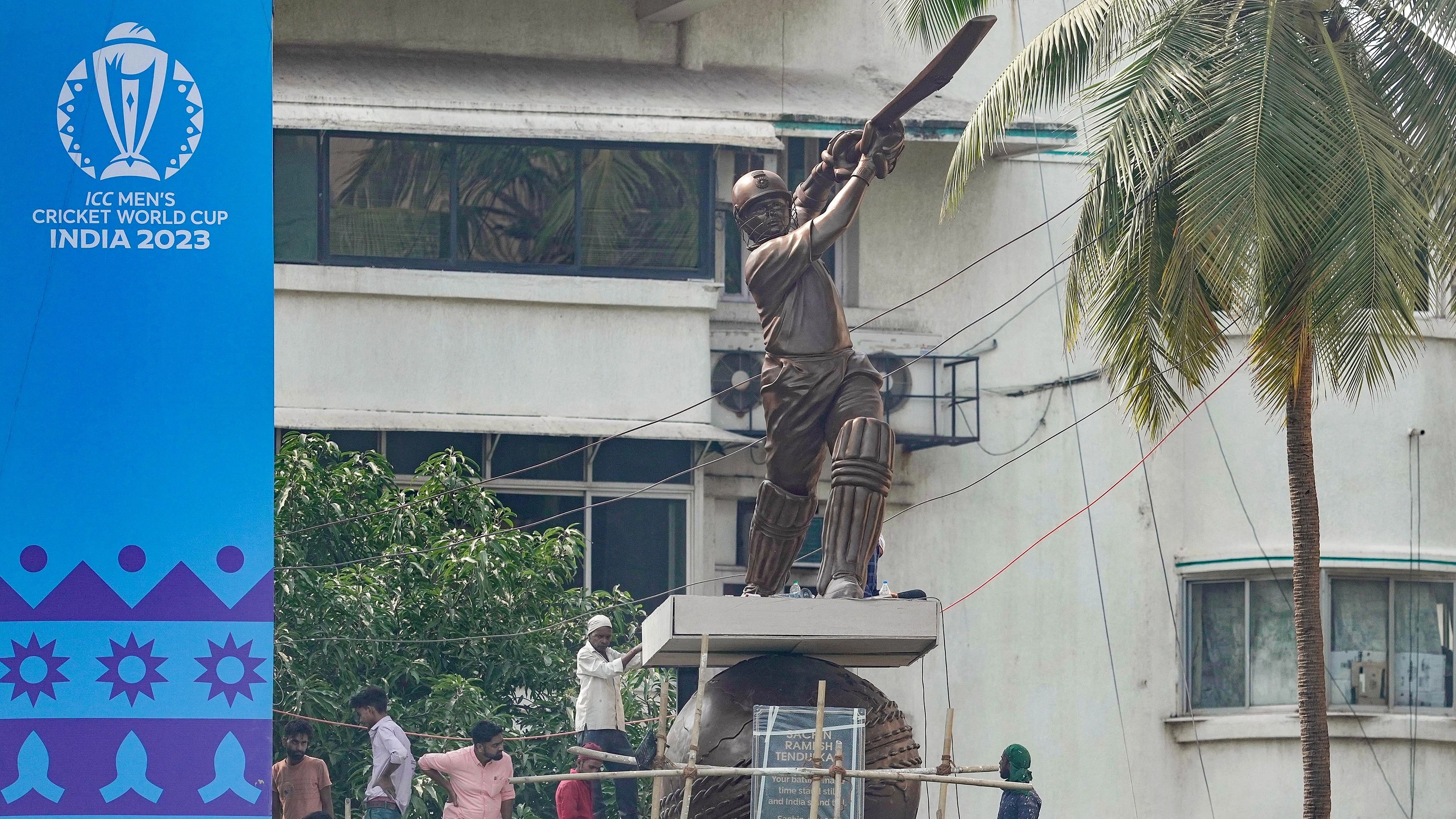 <div class="paragraphs"><p>A life-size statue of former cricketer Sachin Tendulkar at the Wankhede Stadium, in Mumbai, Tuesday, Oct. 31, 2023. </p></div>