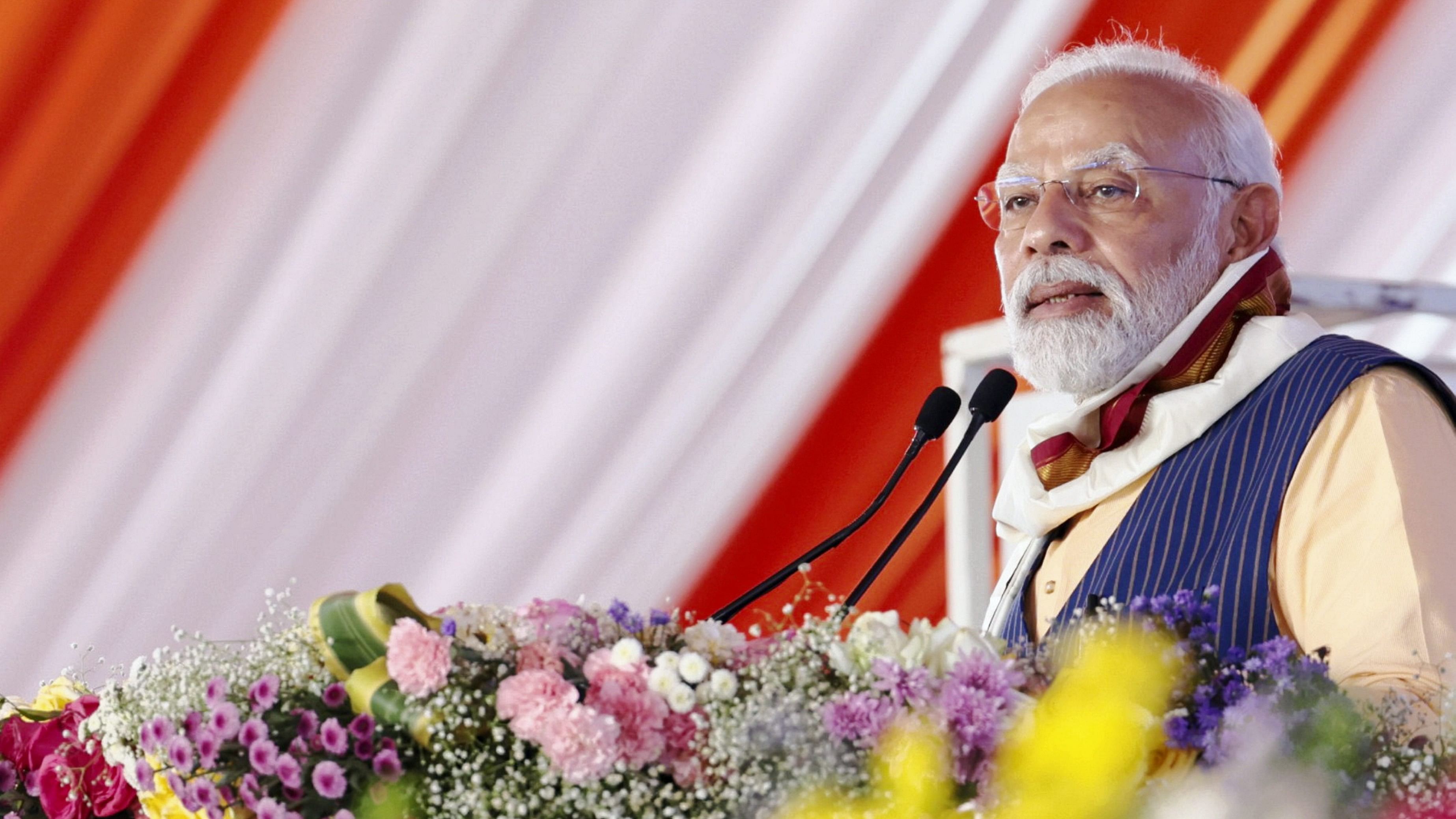 <div class="paragraphs"><p>Prime Minister Narendra Modi addresses during an event organised for laying of foundation stone of various developmental projects, in Nizamabad, Telangana, Tuesday, Oct. 3, 2023.</p></div>