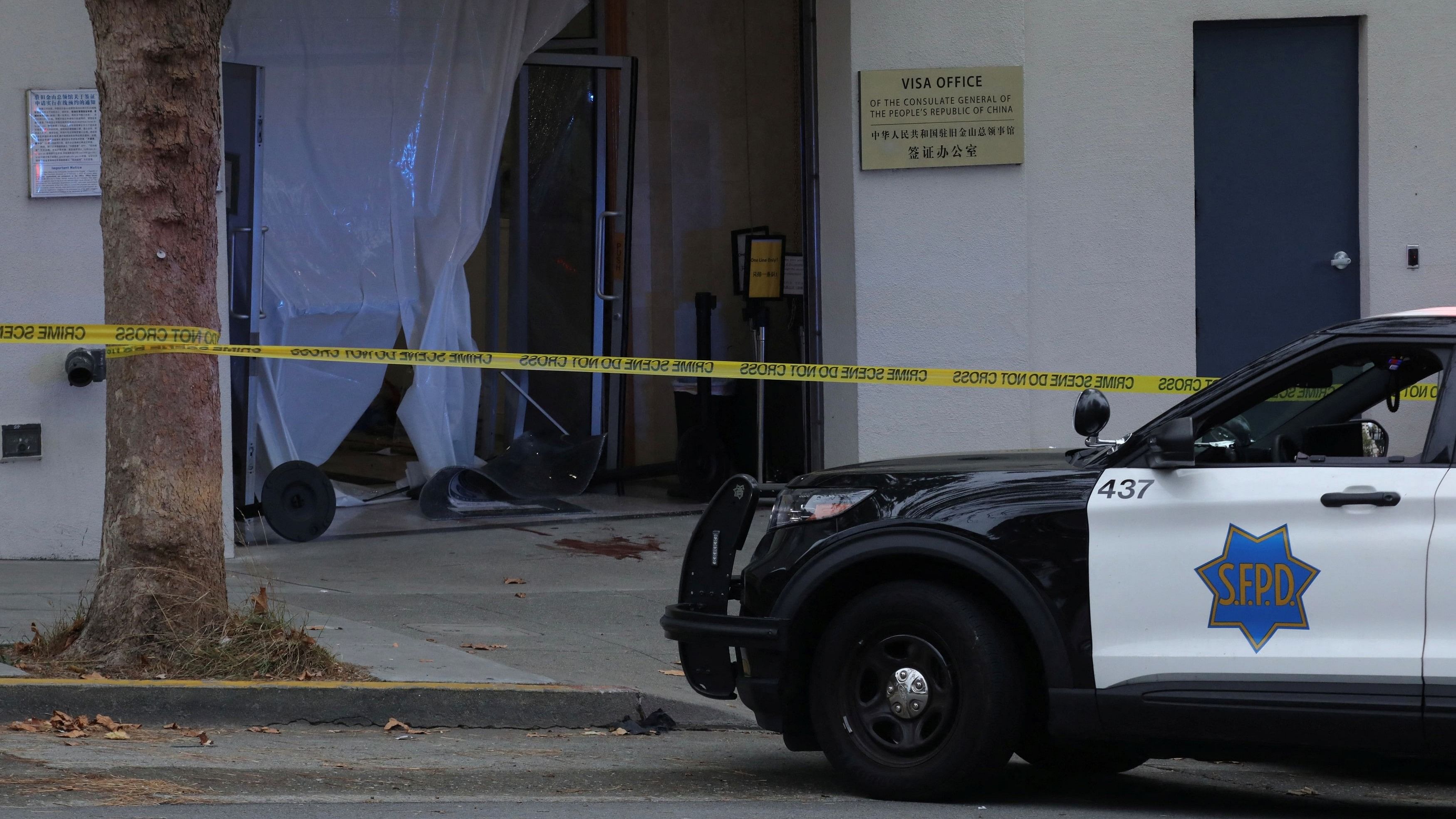 <div class="paragraphs"><p>San Francisco Police vehicle is parked on the street near the visa office of the Chinese consulate, where local media has reported a vehicle may have crashed into the building.</p></div>