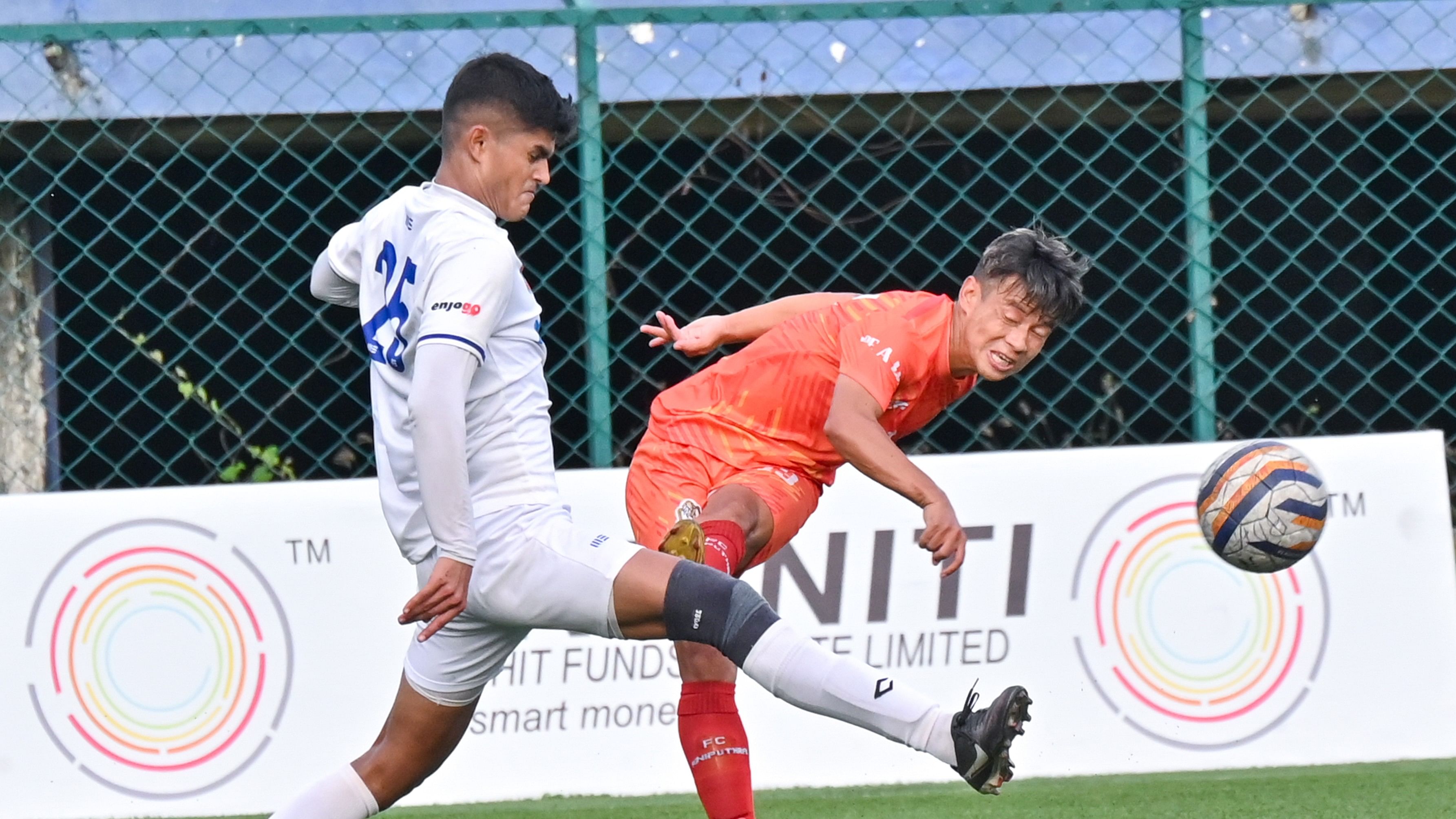 <div class="paragraphs"><p>Suk Raj Subba of FC Agniputra (Right) and Jenishsinh Rana of Student Union (Left) are vie for the ball, during their clash in the BDFA: Super Division League Championship -2022-23 Football, at KSFA in Bengaluru on Thursday.</p></div>