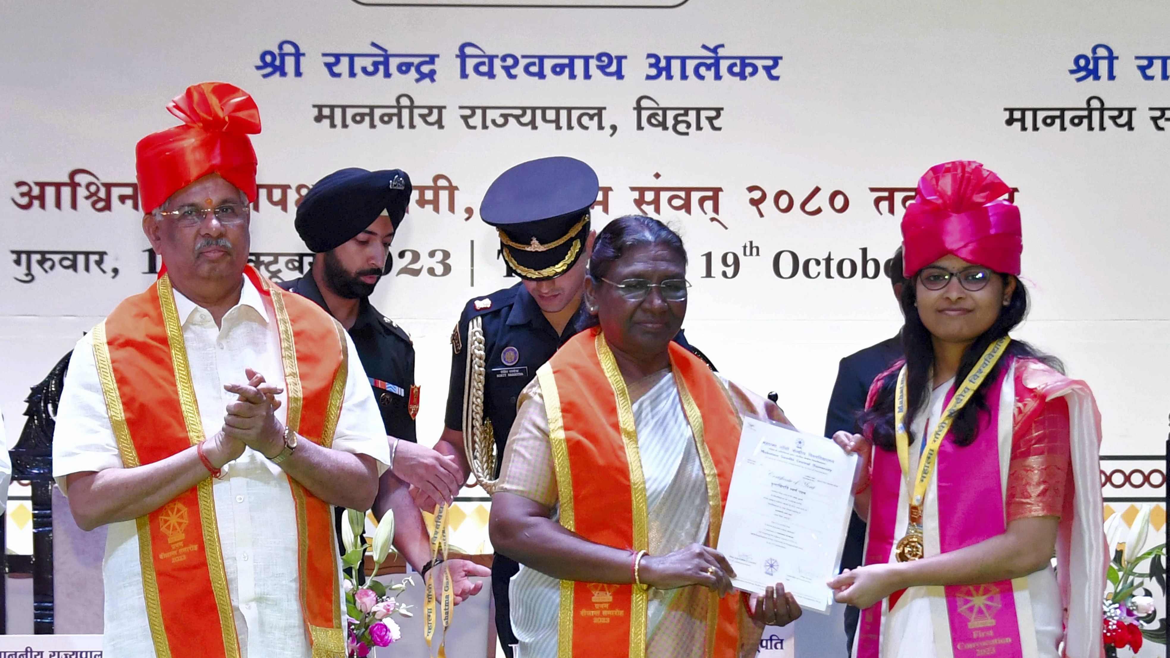 <div class="paragraphs"><p>Motihari: President Droupadi Murmu during the first convocation of Mahatma Gandhi Central University, in Motihari, Thursday, Oct. 19, 2023.</p></div>