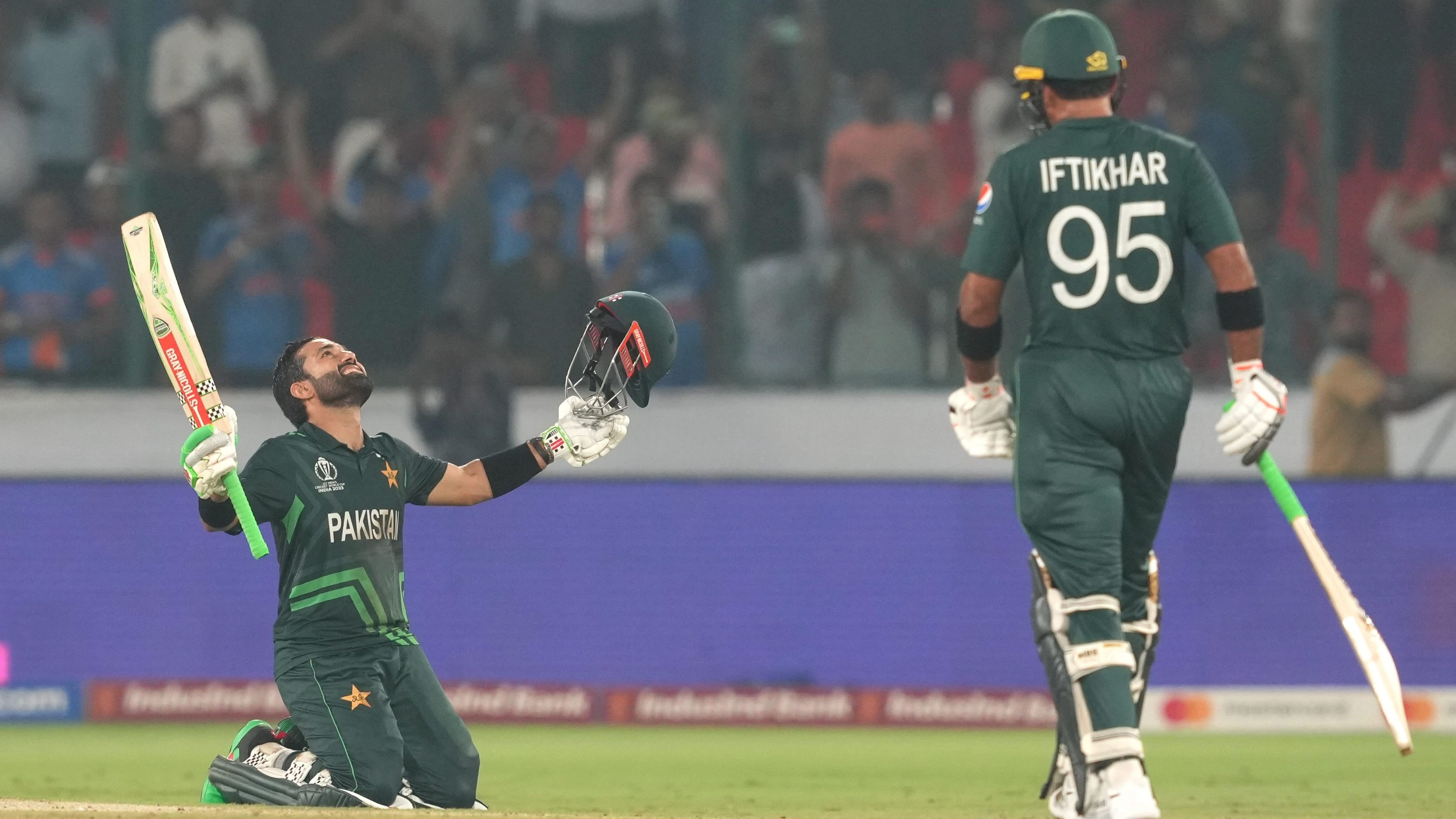 <div class="paragraphs"><p>Pakistan's batter M Rizwan celebrates his team's win the ICC Men's Cricket World Cup match between Pakistan and Sri Lanka, at Rajiv Gandhi International Cricket Stadium, in Hyderabad, Tuesday, Oct. 10, 2023.</p></div>