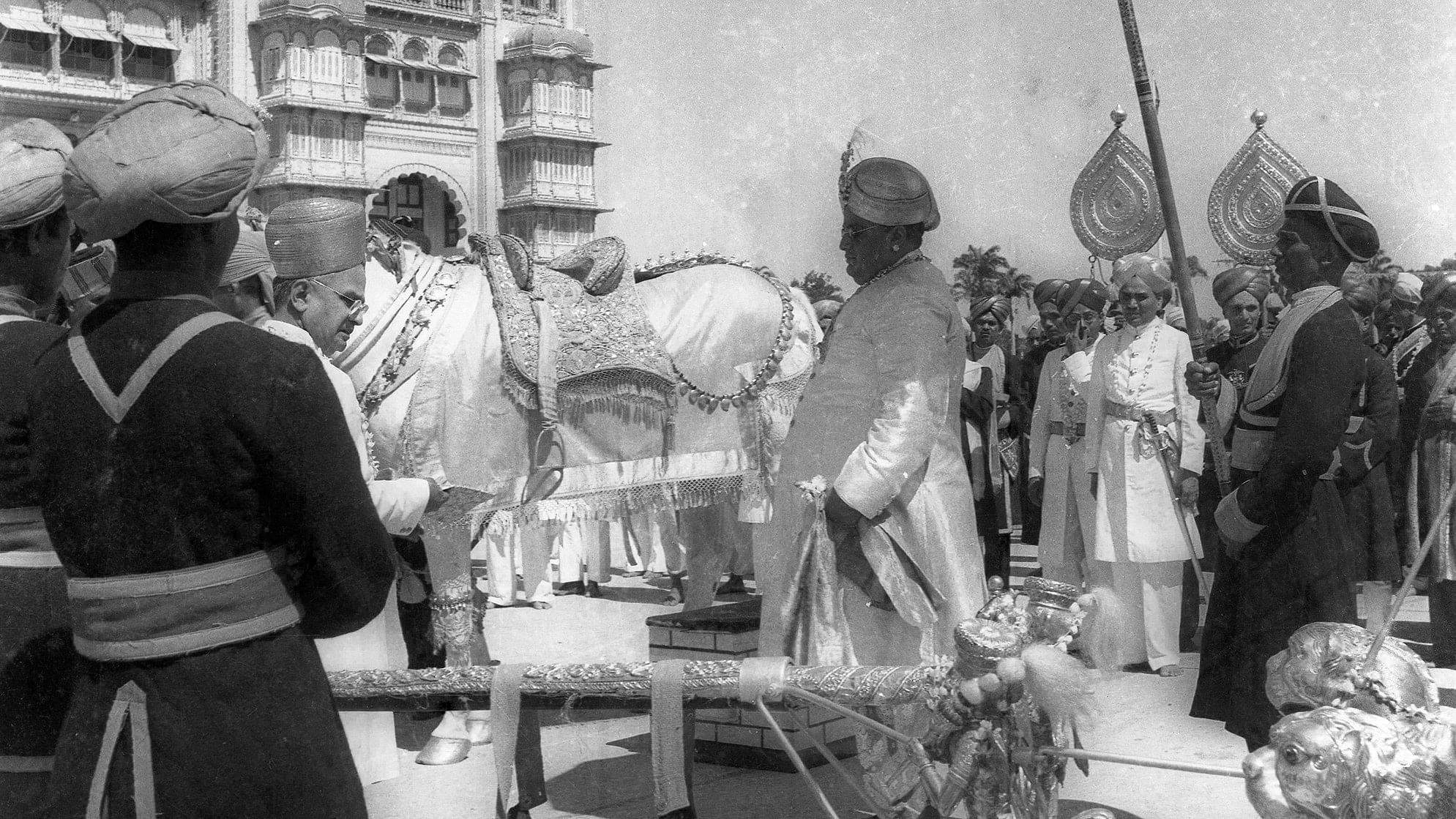 In this photograph taken on Dasara in October, 1962, Jayachamaraja Wadiyar is seen walking towards his horse.