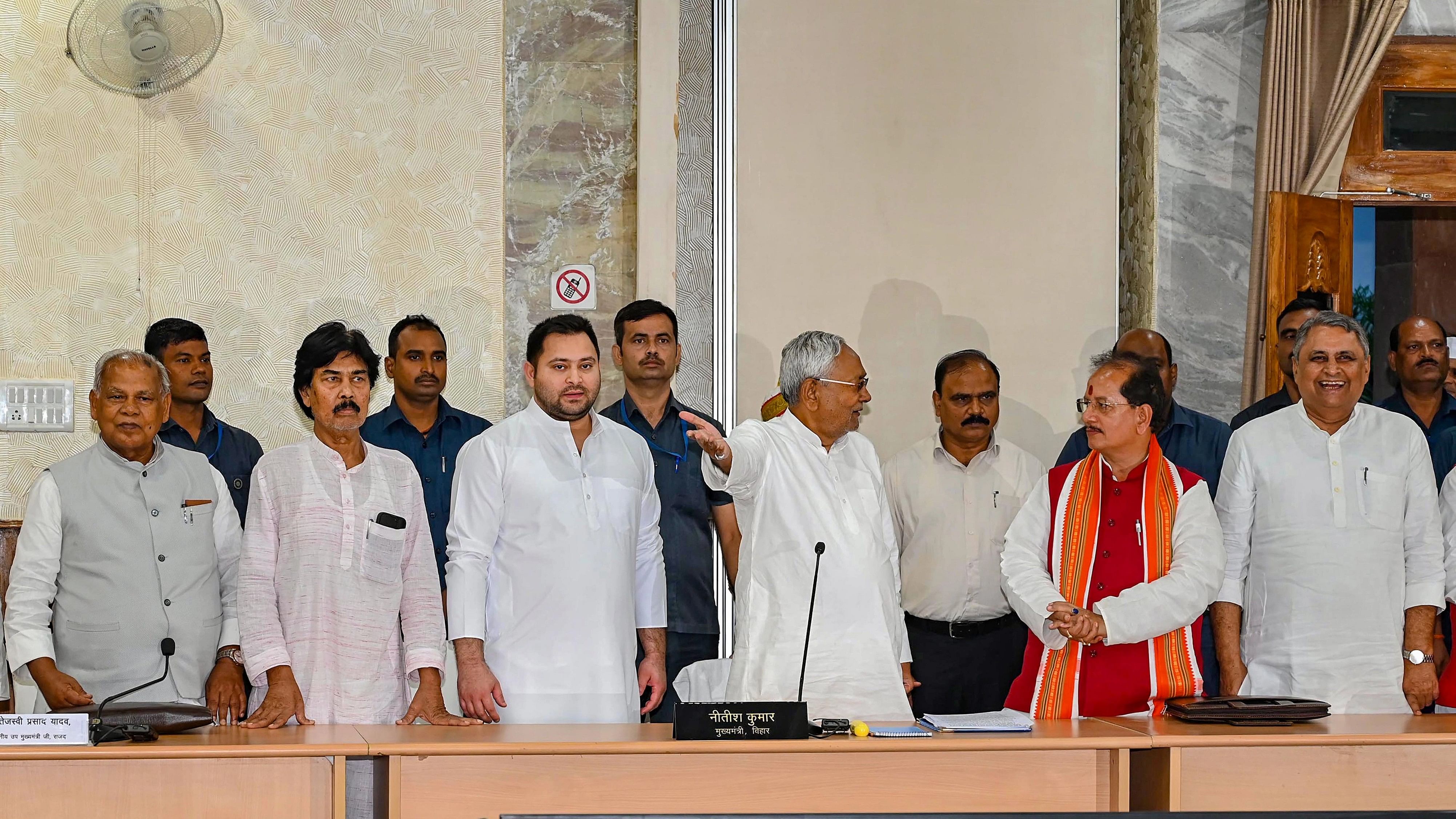 <div class="paragraphs"><p>Bihar Chief Minister Nitish Kumar, Deputy Chief Minister Tejashwi Yadav, Leader of Opposition in Bihar Assembly Vijay Kumar Sinha and other leaders during all parties meeting  Bihar Caste Census at the CM Secretariat, in Patna, Tuesday, Oct. 3, 2023. </p></div>