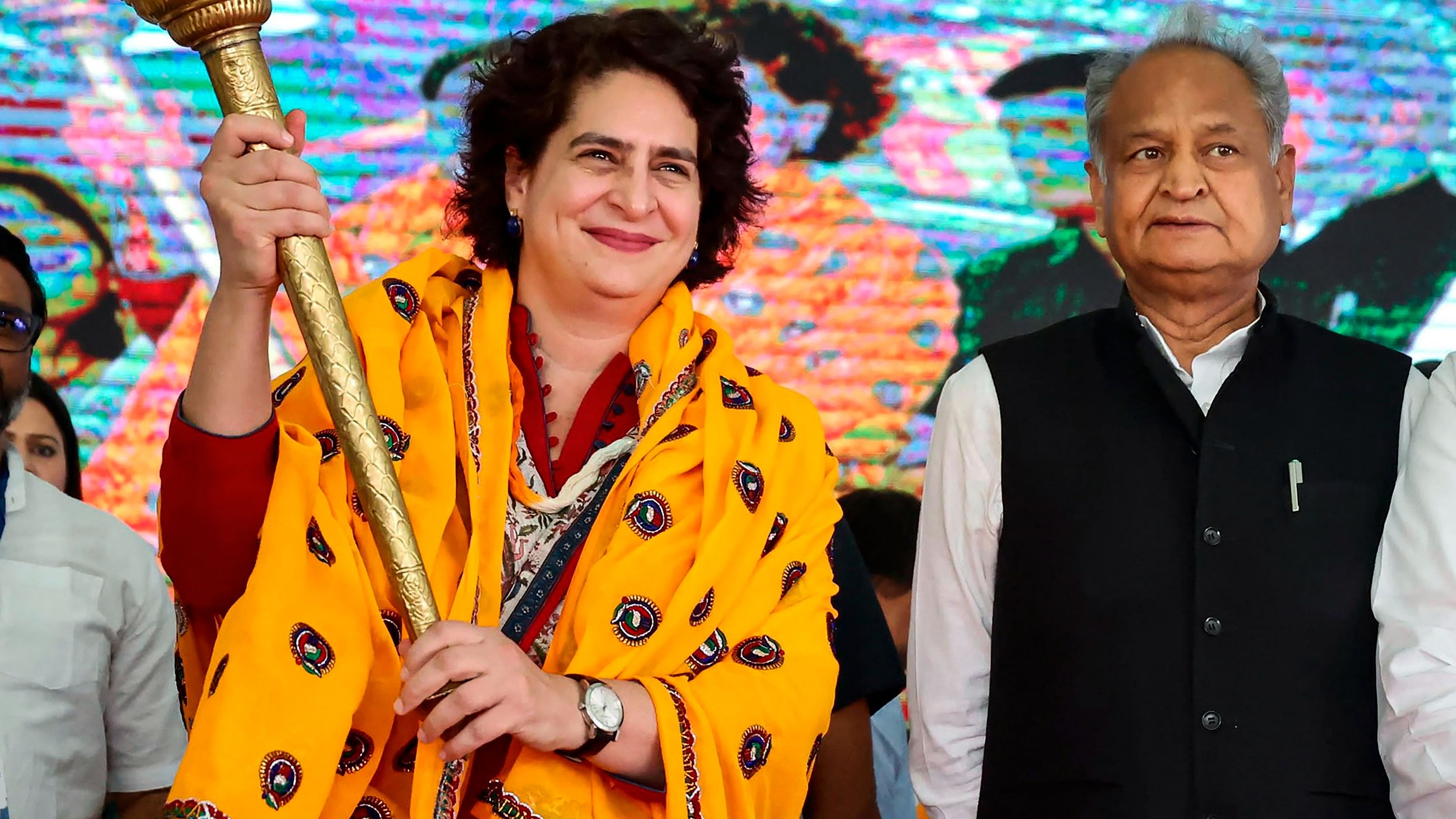 <div class="paragraphs"><p>Congress leader Priyanka Gandhi Vadra with Rajasthan Chief Minister Ashok Gehlot during a public meeting at Sikrai ahead of the upcoming state assembly elections, in Dausa district, Friday, Oct. 20, 2023.</p></div>