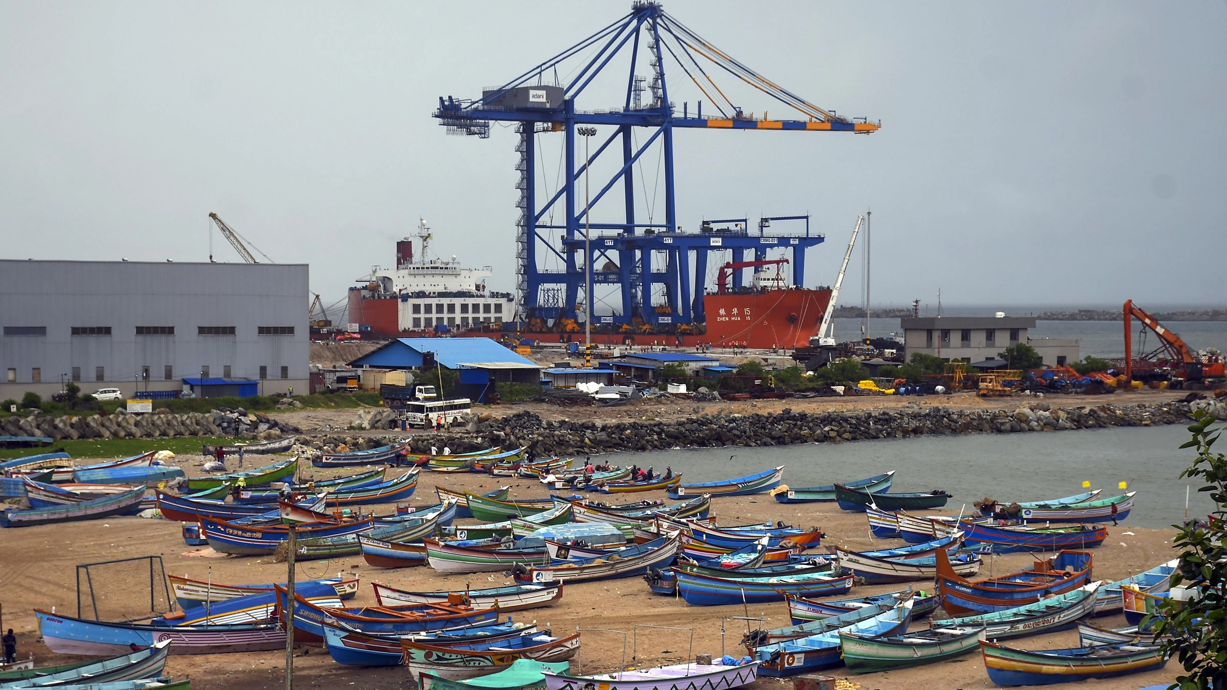 <div class="paragraphs"><p>Chinese ship Zhen Hua 15, first cargo vessel to dock at Vizhinjam Port, carries port equipment at the Vizhinjam International Sea Port, in Thiruvananthapuram, Thursday, Oct. 12, 2023.</p></div>