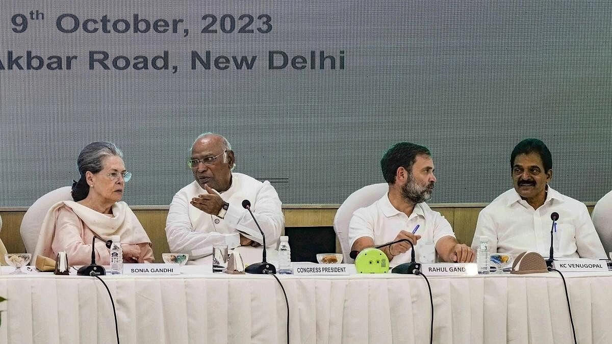 <div class="paragraphs"><p>Congress Working Committee meet under way. Seen in the photo (left-right) are veteran leader Sonia Gandhi, current party president Mallikarjun Kharge, leader Rahul Gandhi, and&nbsp;General Secretary of AICC K C Venugopal.</p></div>