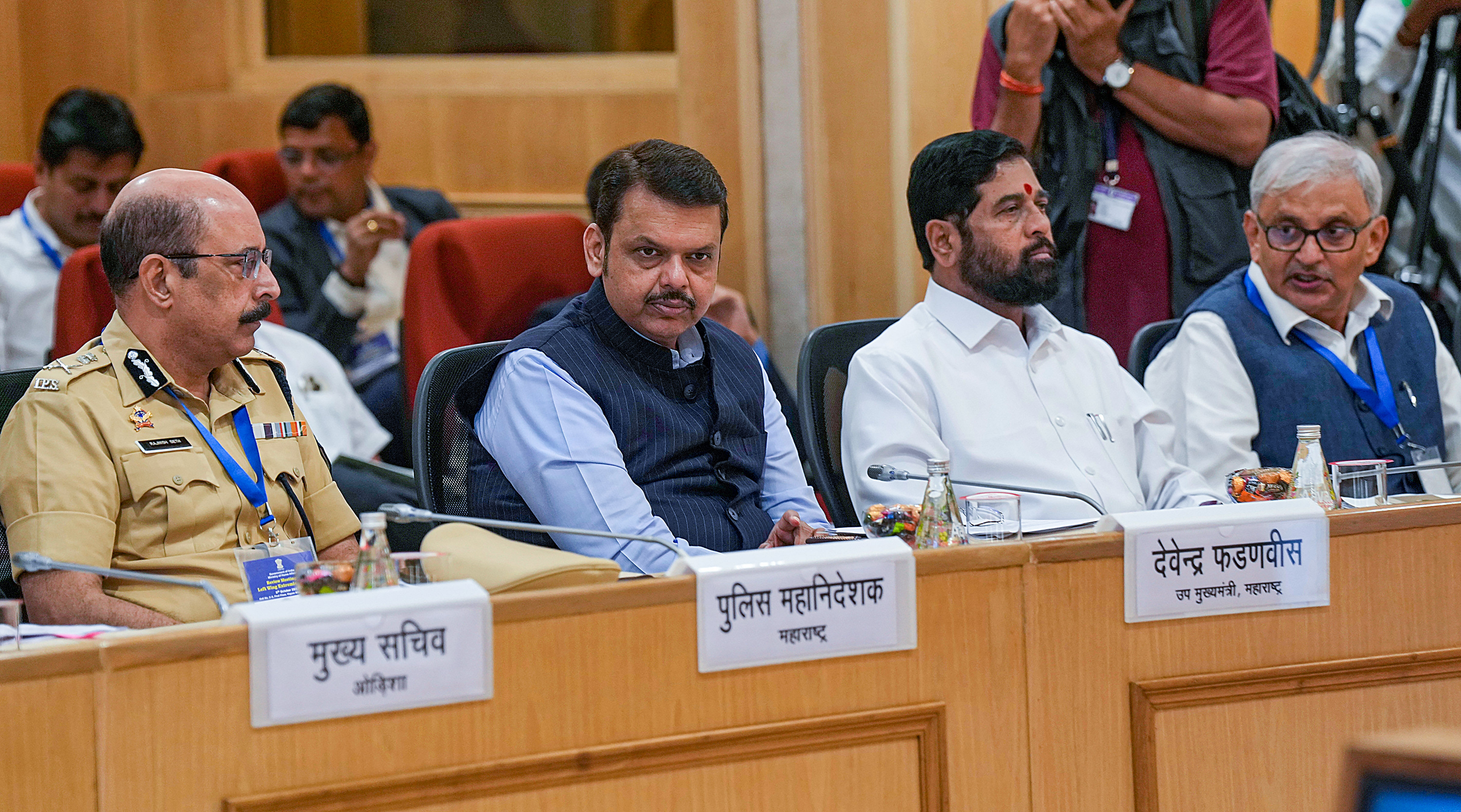 <div class="paragraphs"><p>New Delhi: Maharashtra Chief Minister Eknath Shinde, the Deputy Chief Minister Devendra Fadnavis and others during a review meeting on Left Wing Extremism, in New Delhi, Friday, Oct. 6, 2023. </p></div>