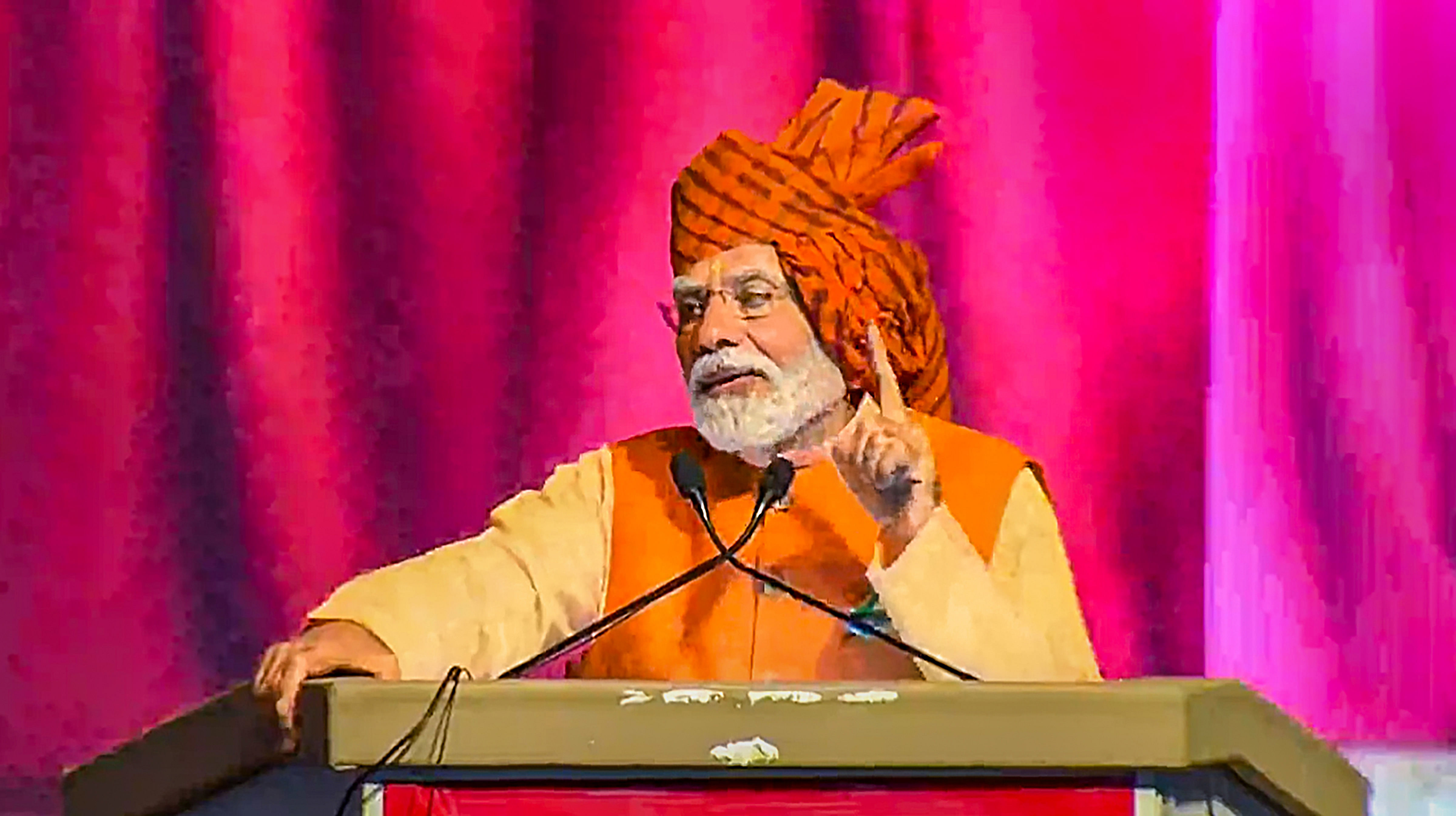<div class="paragraphs"><p>Prime Minister Narendra Modi speaks during a programme on the occasion of ‘Dussehra’ at Ram Leela Ground Maidan, Dwarka, in New Delhi, Tuesday, Oct. 24, 2023.</p></div>