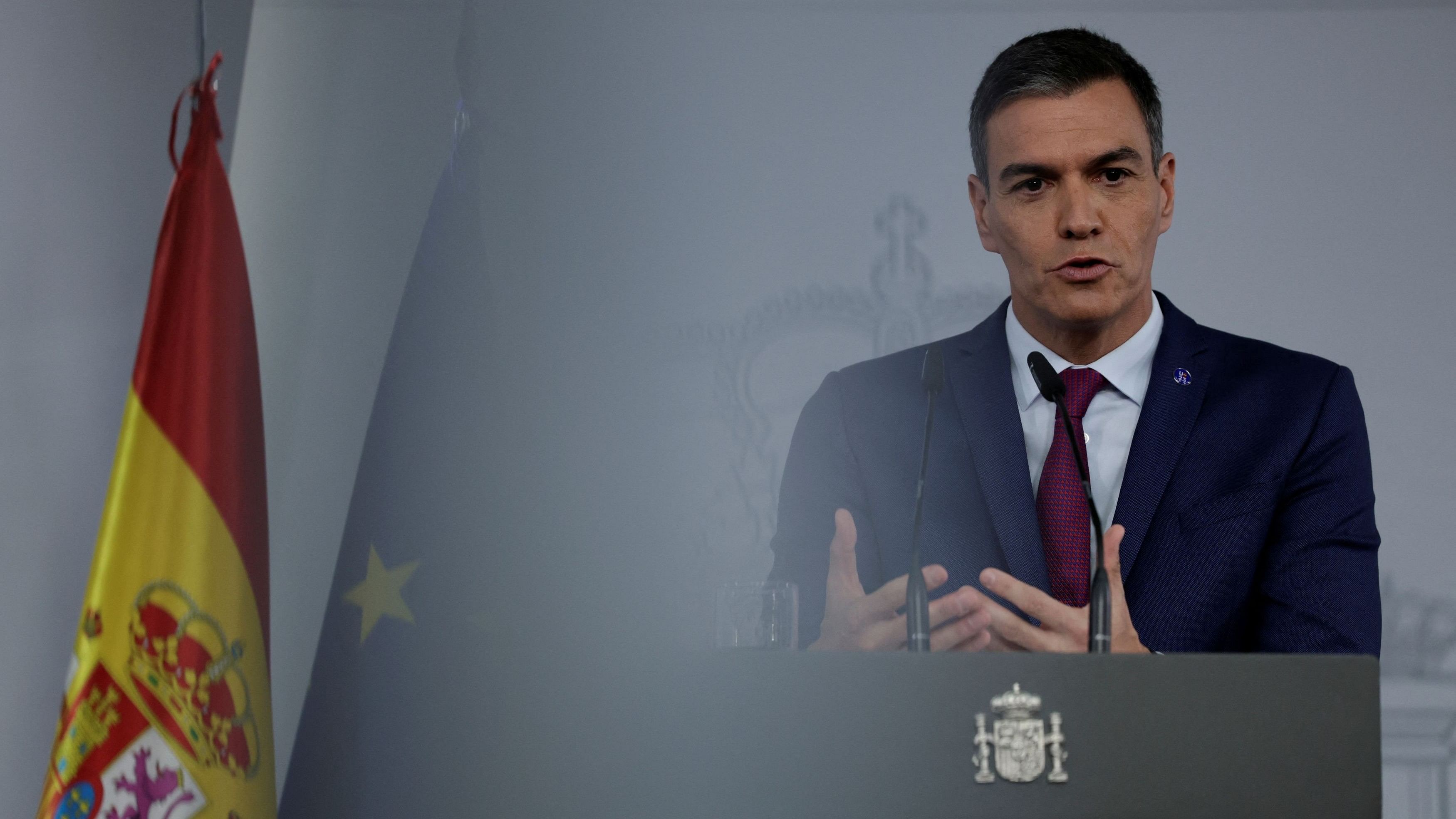 <div class="paragraphs"><p>Spain's acting Prime Minister Pedro Sanchez speaks during a press conference at Moncloa Palace in Madrid.</p></div>