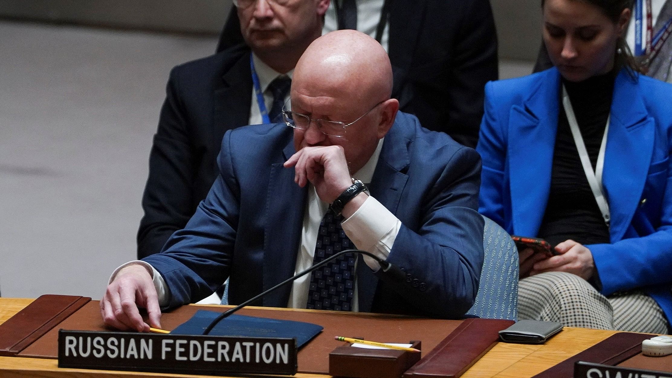 <div class="paragraphs"><p>Russia's Ambassador to the United Nations Vasily Nebenzya attends a meeting of the Security Council on the conflict between Israel and Hamas, at UN headquarters in New York, US.</p></div>