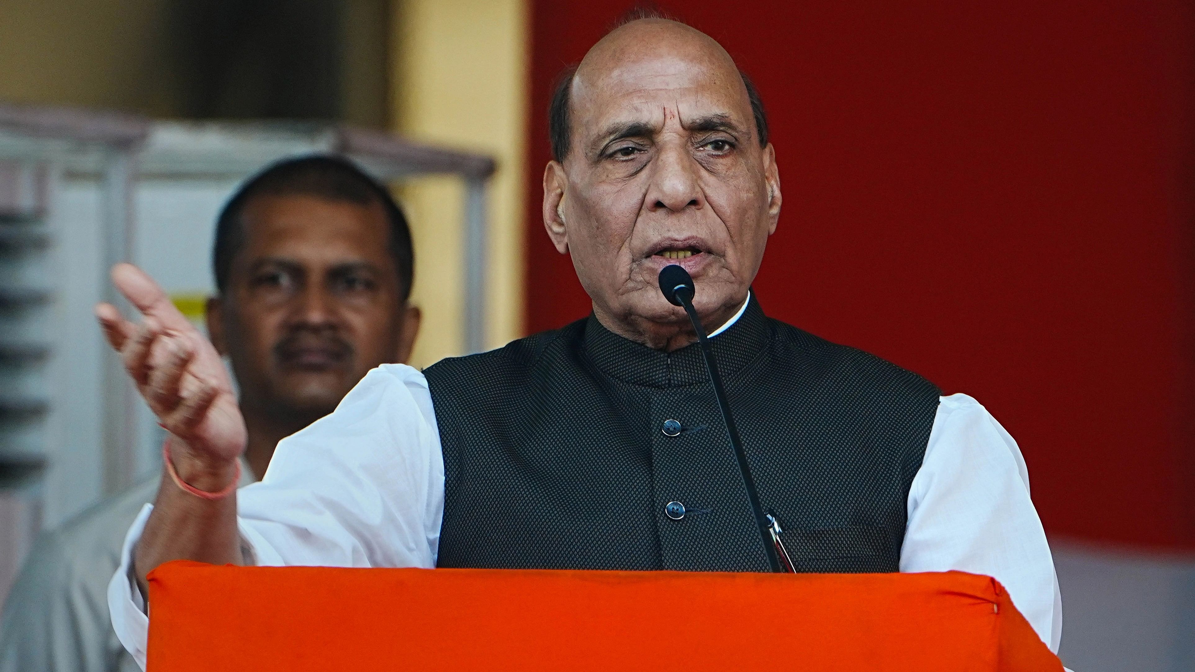 Hyderabad: Union Defence Minister Rajnath Singh addresses a public meeting in Hujurabad Assembly constituency, in Hyderabad, Monday, Oct. 16, 2023. (PTI Photo)  (PTI10_16_2023_000083B)