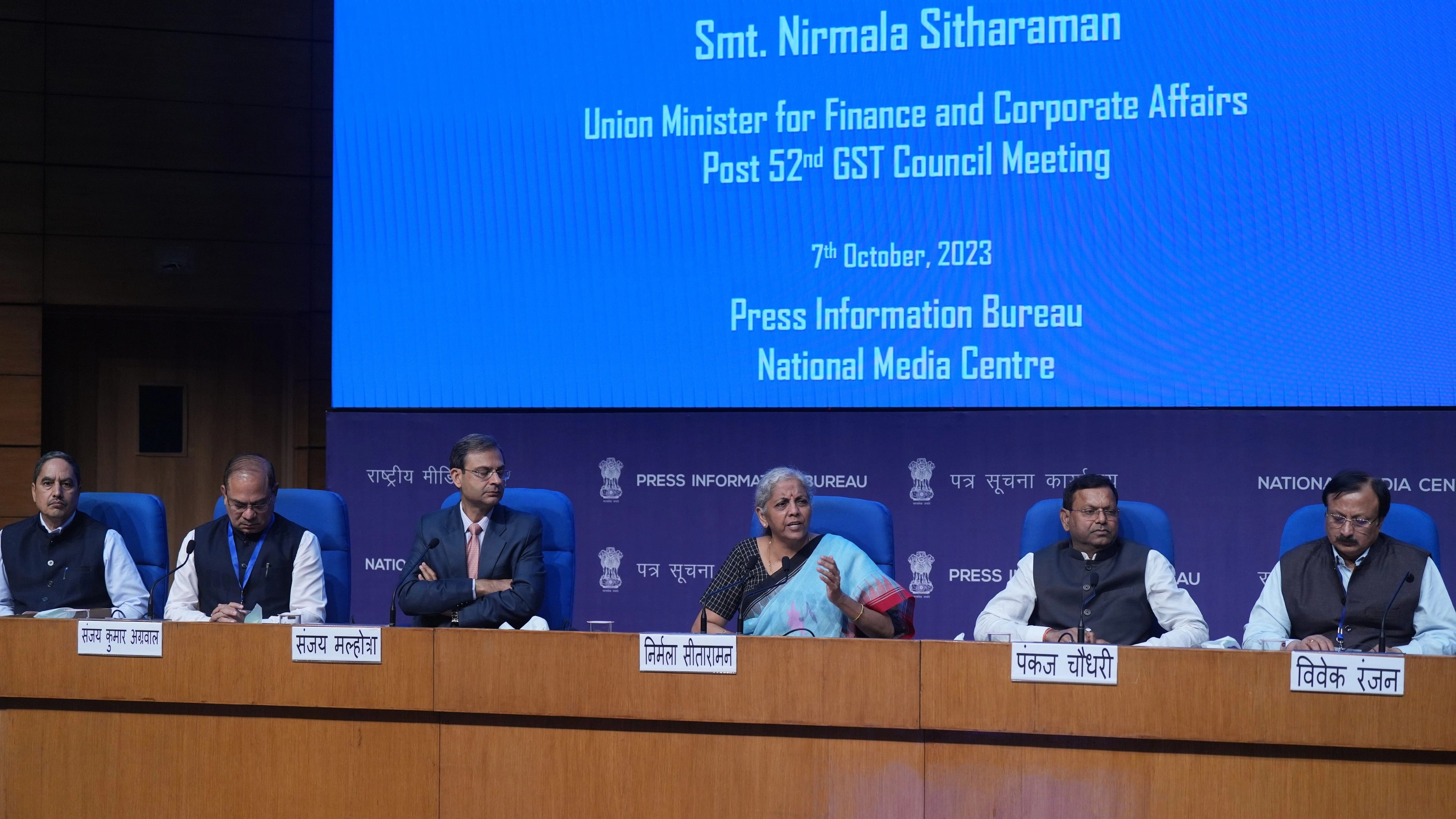 <div class="paragraphs"><p>Finance Minister Nirmala Sitharaman with Union MoS for Finance Pankaj Chaudhary, Revenue Secretary Sanjay Malhotra and others during a media briefing regarding the outcome of the 52nd Goods and Services Tax (GST) Council Meeting, in New Delhi, Saturday, Oct. 7, 2023. </p></div>