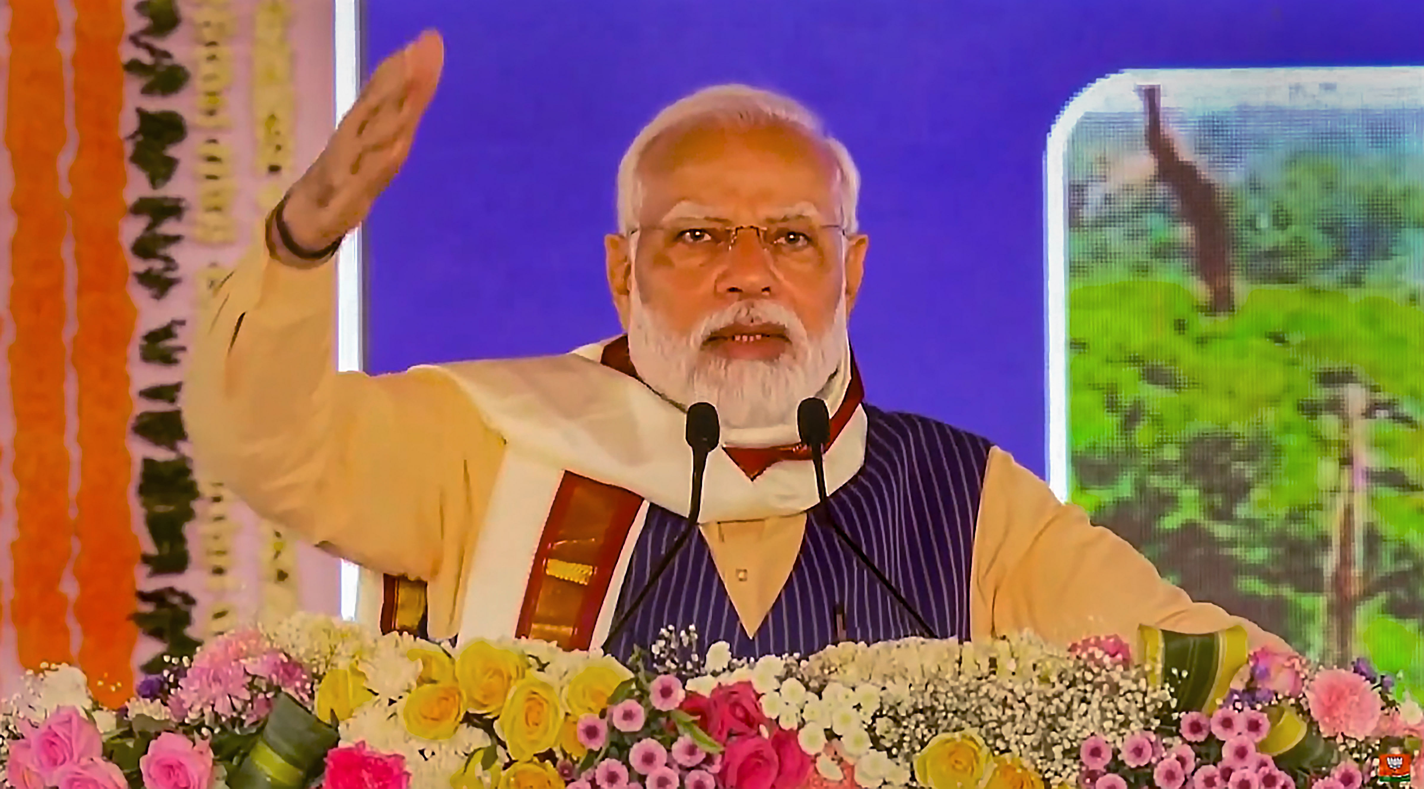 <div class="paragraphs"><p> Prime Minister Narendra Modi addresses during an event organised for laying of foundation stone of various developmental projects, in Nizamabad, Telangana, Tuesday, Oct. 3, 2023. </p></div>