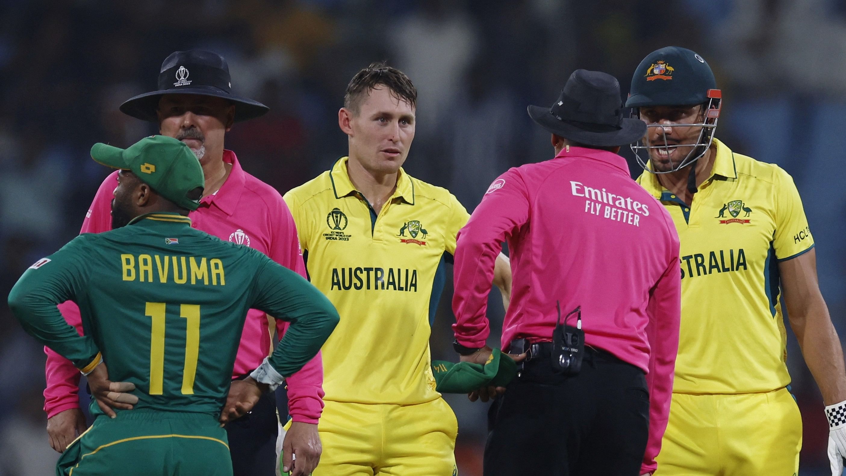 <div class="paragraphs"><p>Marcus Stoinis (right) has a lengthy argument with umpires after losing his wicket following a controversial DRS decision. </p></div>